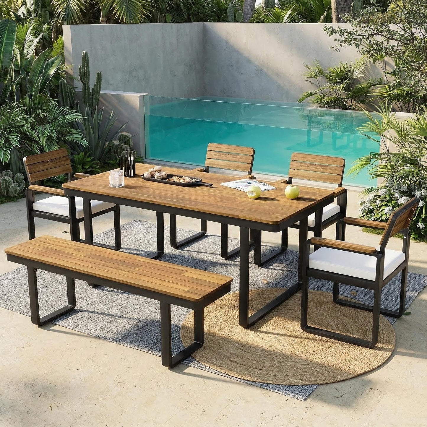 Merax Outdoor Farmhouse Acacia Wood Dining Set of 6, Patio 68 Inch Large Kitchen Table,4 Chairs with Cushions & 1 Bench for 6-7 Person, Patio Dining Furniture Set for Deck, Yard, Porch,Beige