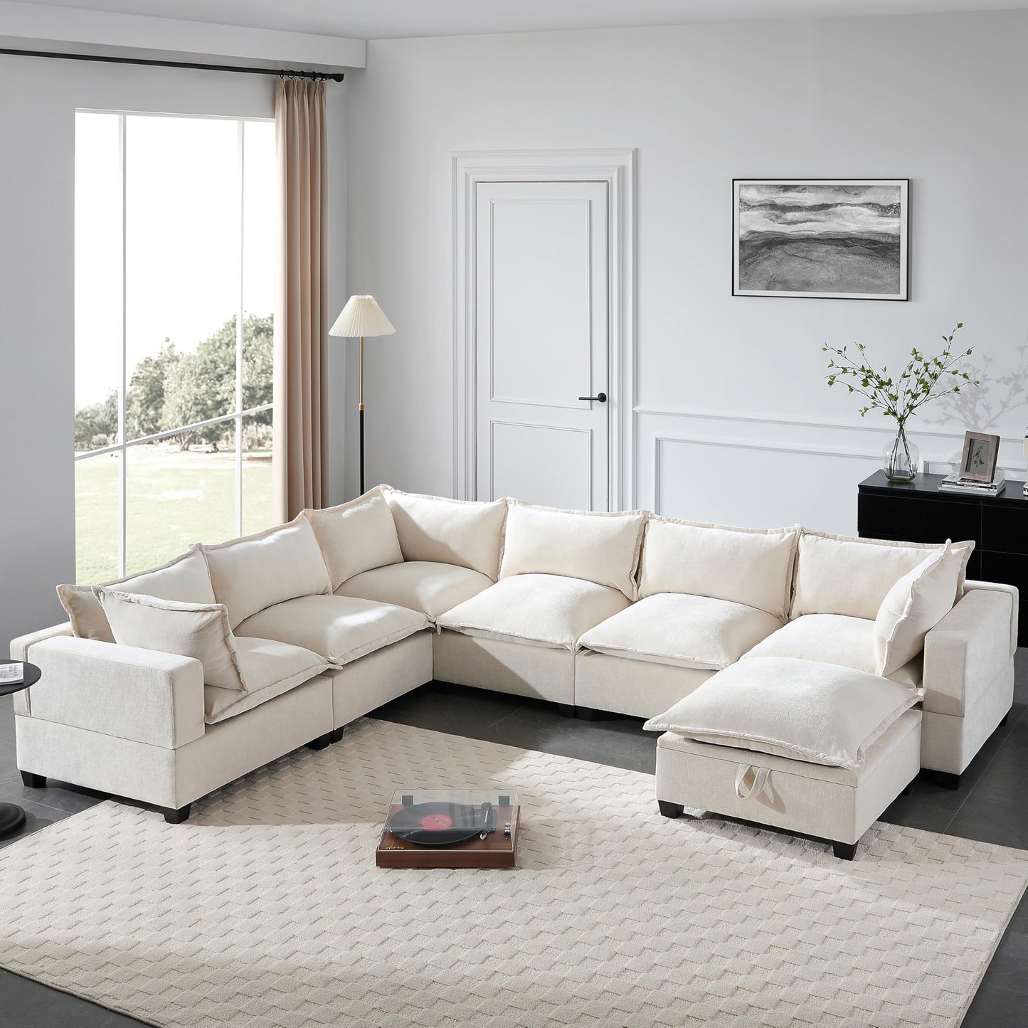Merax Modern U-Shaped Modular Couch Set with Storage Ottoman, Chenille 7-Seat Sectional Sofa Sleeper Bed with Wide Seat for Living Room, Free Combination,Off White