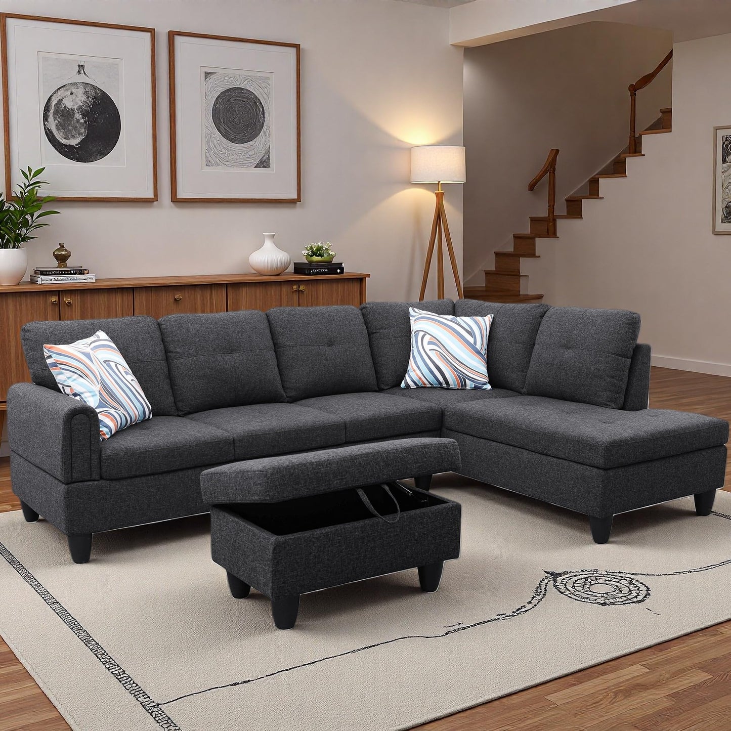 Topcomfy 97.5" L Shaped Couch Set, Modular Sectional Couches for Living Room with Storage Ottoman, 4 Seat Home Sofa Living Room Furniture Sets with Chaise for Apartment Office (Linen, Black Grey)