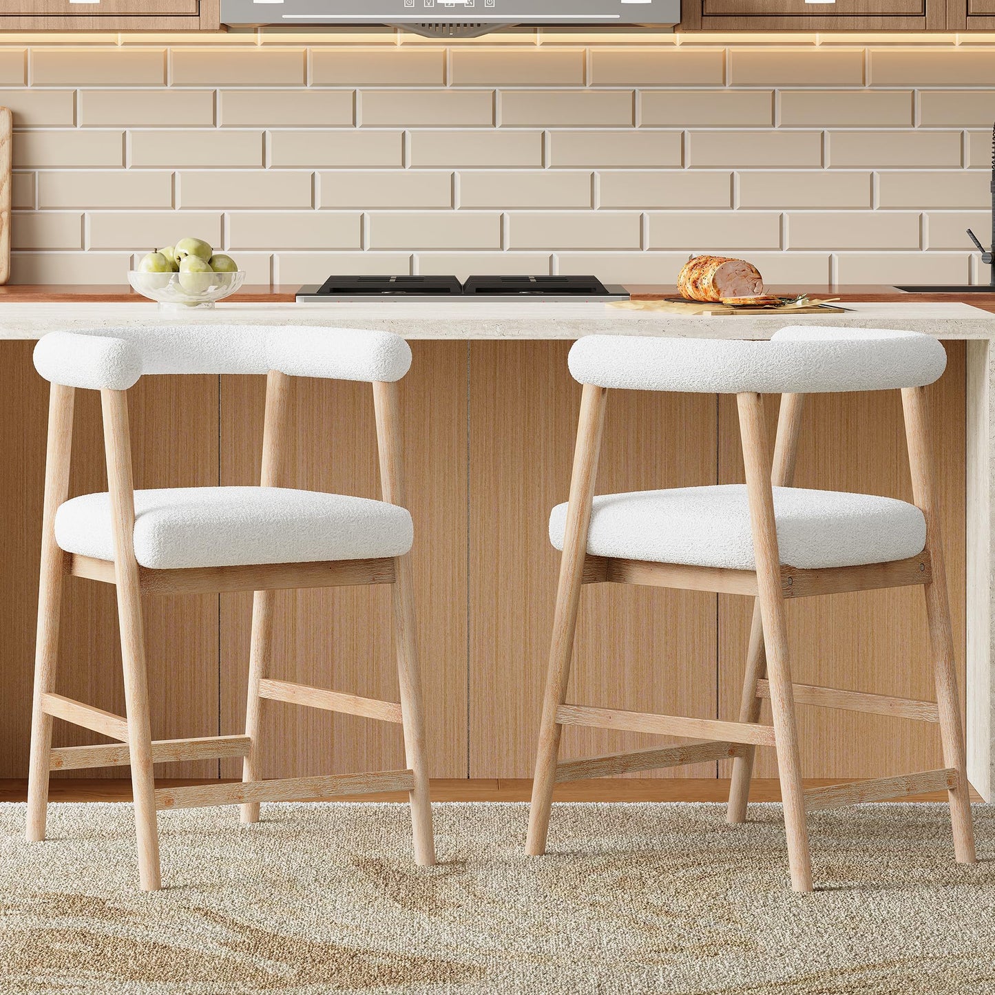 Merax 2-Piece Wooden Farmhouse Counter Height Dining Coffee Bar Stool with Durable Legs, Upholstered Cruved Dinning Arm Chair for Kitchen Island, Set of 2, Natural