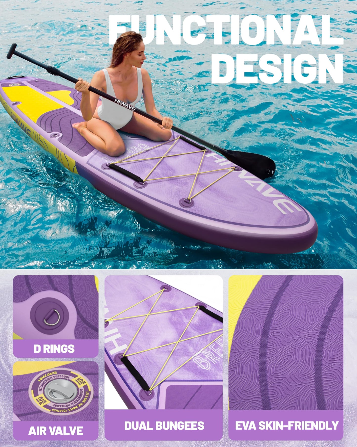 Hiwave Inflatable Stand Up Paddle Board 11’*34”*6” Sup Board, 420lbs Capacity Adult&Youth Paddle Board, Pet Friendly for Ocean&Lake, w/Double Action Hand Pump Purple ﻿
