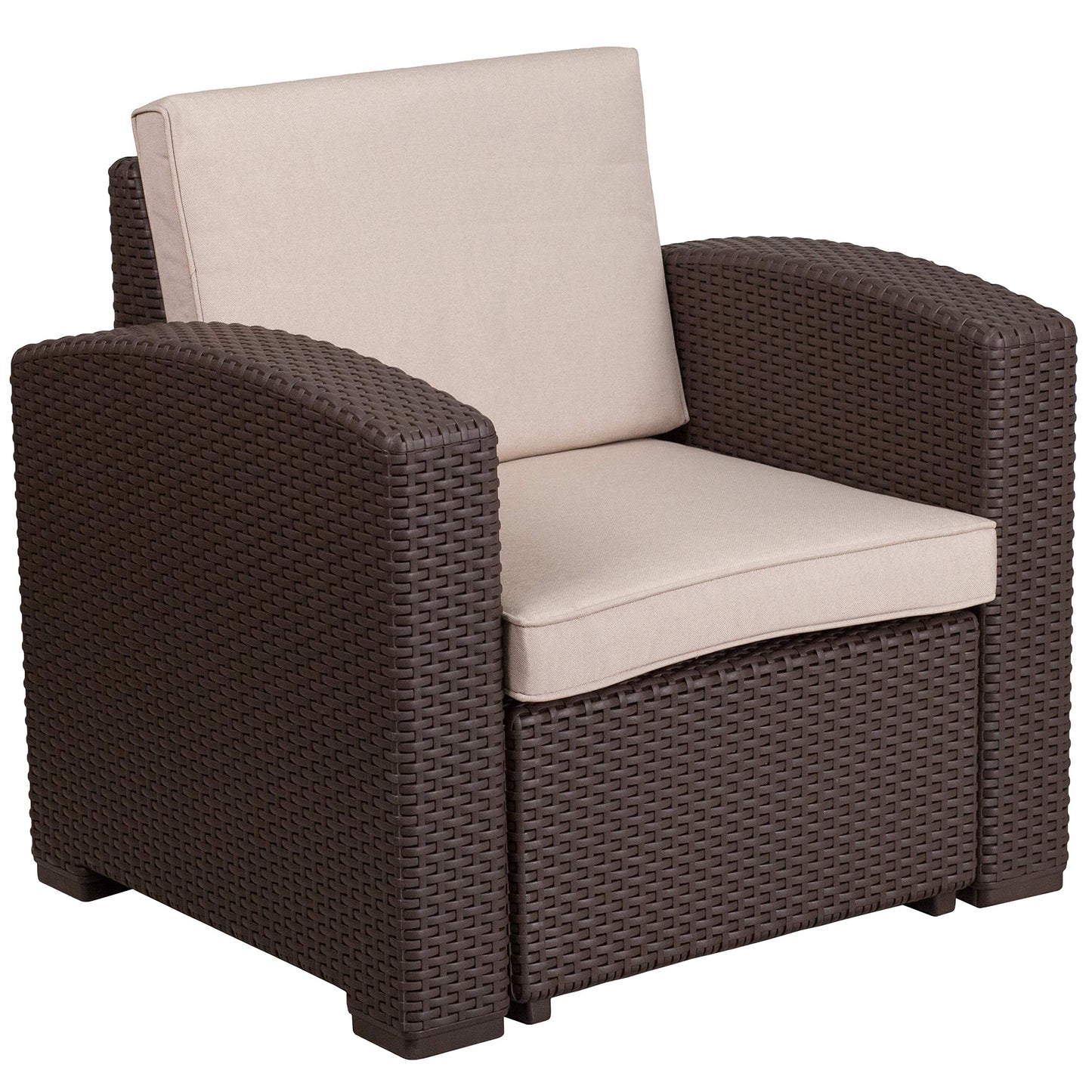 Flash Furniture 4 Piece Outdoor Faux Rattan Chair, Sofa and Table Set in Chocolate Brown
