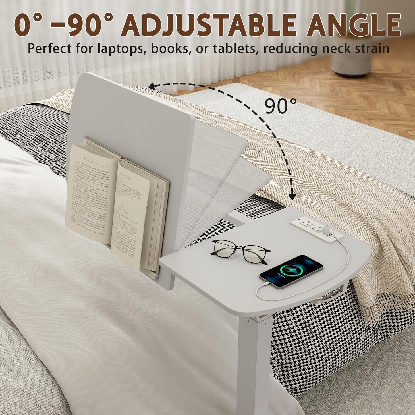 6 In 1 Overbed Bedside Table with Wheels, 32'' Long 90° Medical Adjustable Tilt Hospital Bed Table, Standing Desk with Charging Station Cup Holder Hook, 30''-43'' Height Home Hospital Office (White)