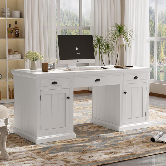 GDFStudio 67" Modern Executive Desk with Storage, White Computer Desk with 2 Doors Cabinet and 3 Drawers, Home Office Writing Desk with USB Ports and Power Outlets, Large Workstation for Study,Office