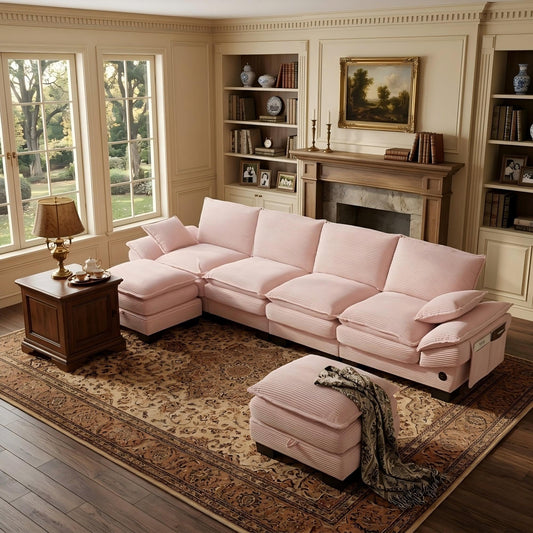 130" Oversized Modular Cloud Sectional Sofa Convertible U/L Shaped Couch Sets for Living Room - 6 Seater Corduroy Cloud Cushion Couches with Storage Ottomans and Pillow Armrest