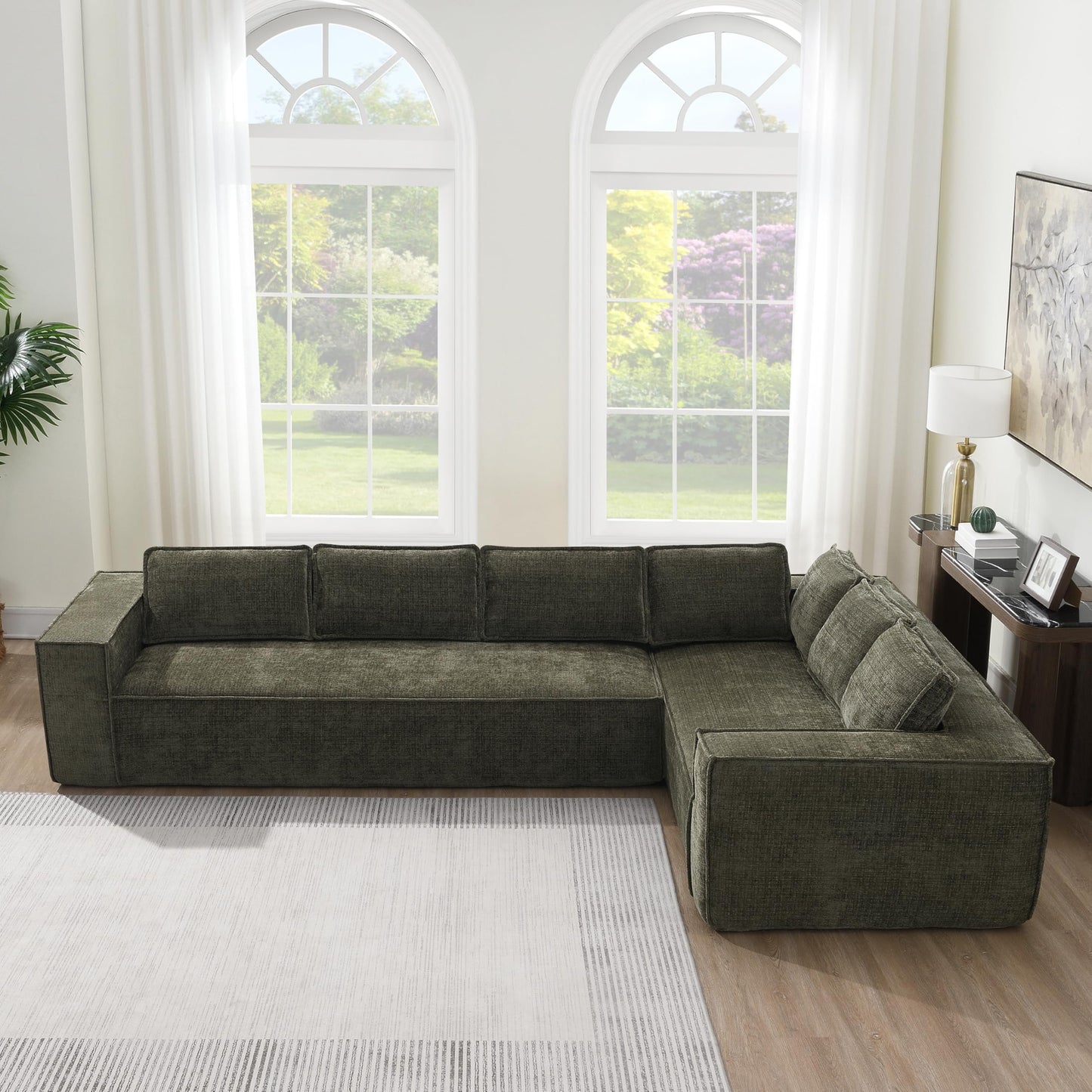 Merax Modern 129.5" L-Shaped Convertible Sectional Sofa with Cushions, Floor Modular 6-Seat Couch Set with Chaise for Living Room, No Assembly Requiered, Wrinkle-Resistant, Green