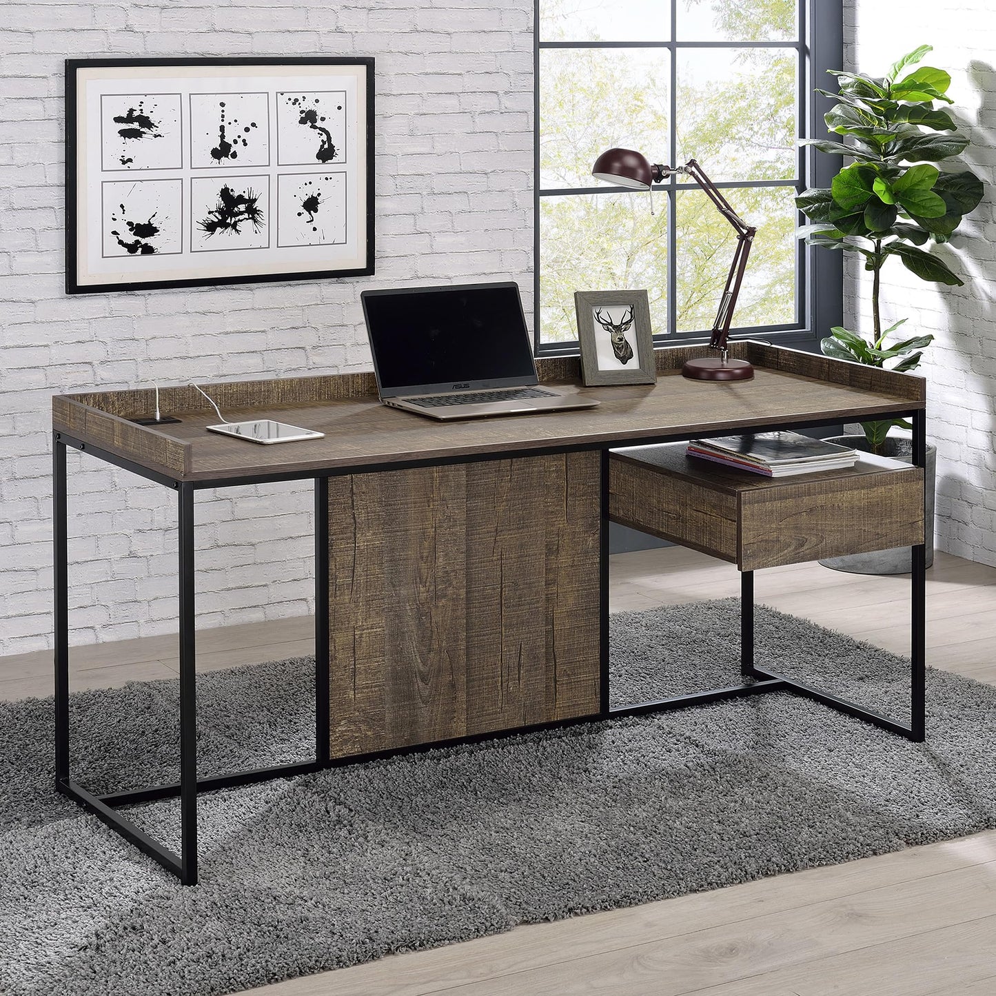 24/7 Shop at Home Lochlan Industrial 1 Drawer Metal Writing Desk with USB Port, Power Outlet, 1 Shelf for Workstation, Home Office, Study Room, Matte Black and Oak Brown