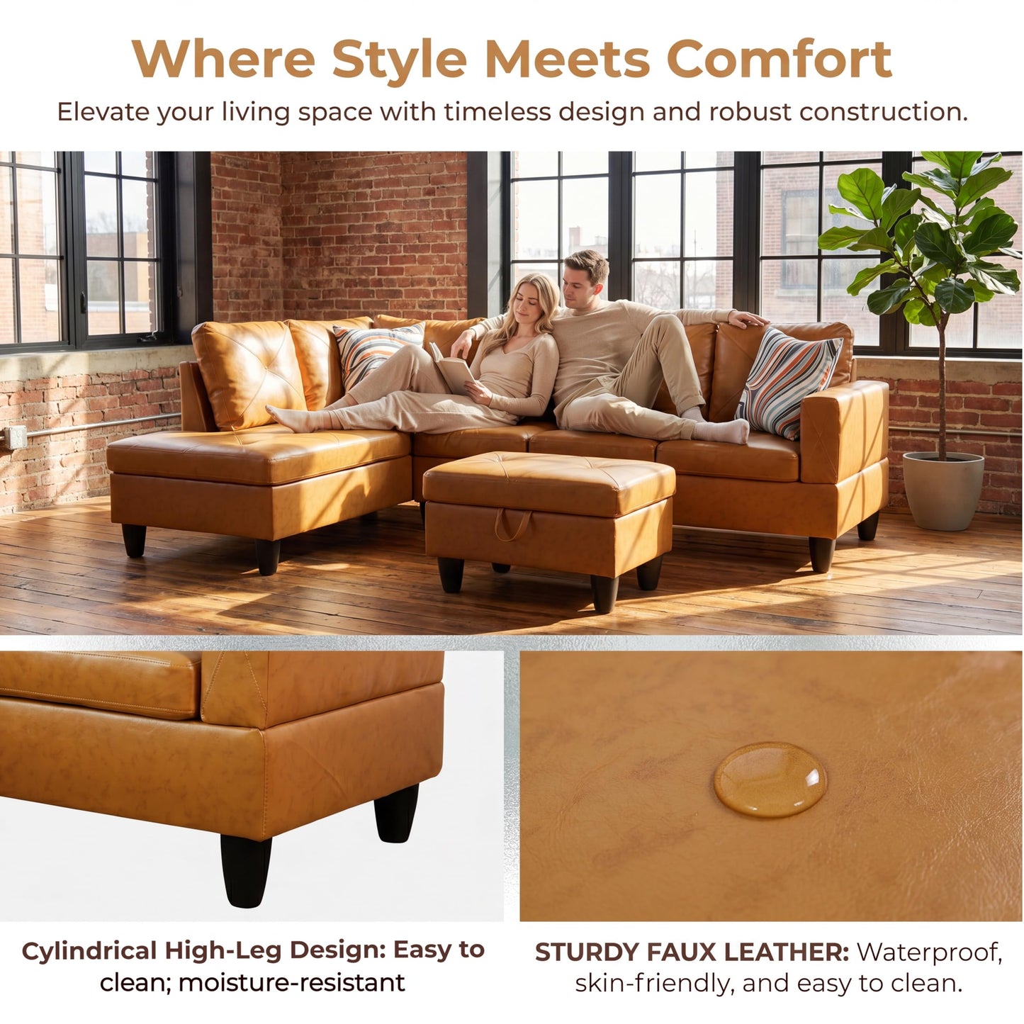 Topcomfy Leather L Shaped Sectional Couches for Living Room - 97.5“ x 66.5" Modular Sectional Sofa with Storage Ottoman, 4 Seat Home Sofa Living Room Furniture Sets with Chaise for Apartment, Ginger