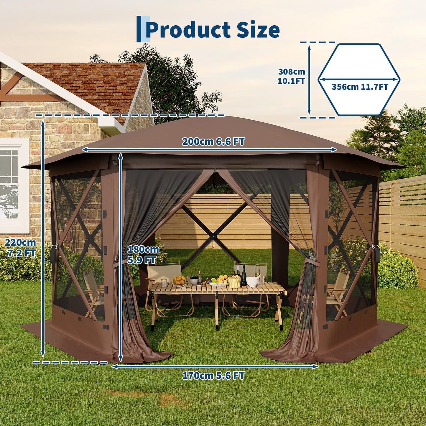 GarveeLife 11.5x11.5FT 6-Sided Pop Up Gazebo Tent，One-Push Setup Canopy Tent with Mesh Panels & Removable Wind Cloths, Outdoor shelter for Camping, Backyard Parties, Outdoor Events - Beige & Khaki