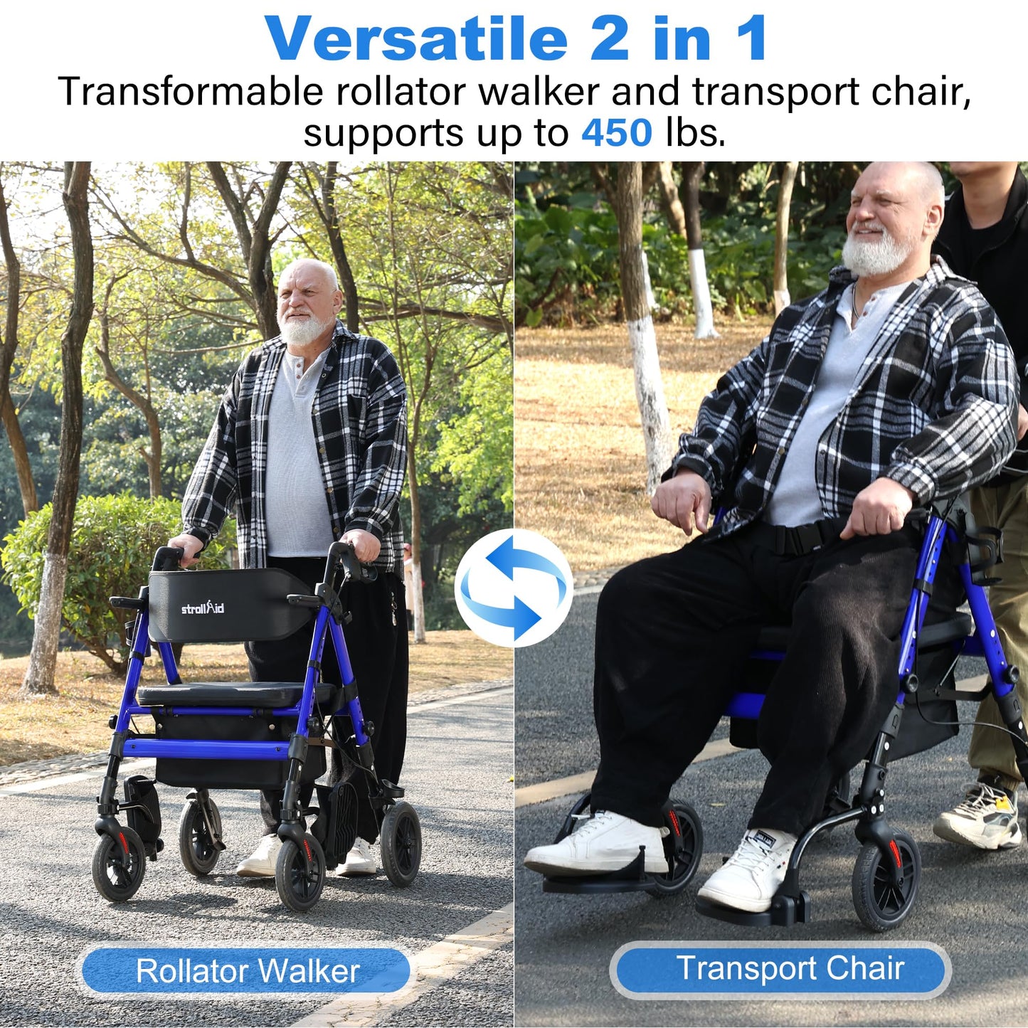StrollAid Walkers for Seniors 2 in 1 Wheelchair Combo, 450 lb Foldable Rollator Transport Chair with Seat, Heavy Duty Rolling Walker 10" Wheels for All Terrain, Blue