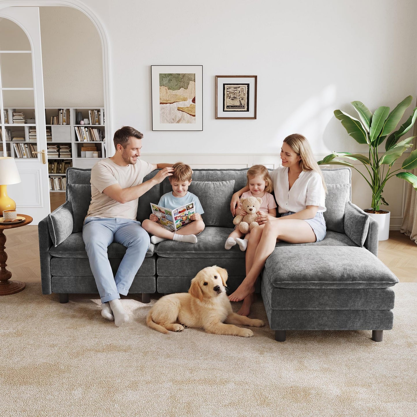 LINSY HOME 98'' Modular Sectional Sofa 3 Seat Couch Chenille Cloud Couch with Deep Seat, L Shaped Couch with 1 Movable Ottoman for Living Room, Office, Bedroom, Grey(Pillows Included)
