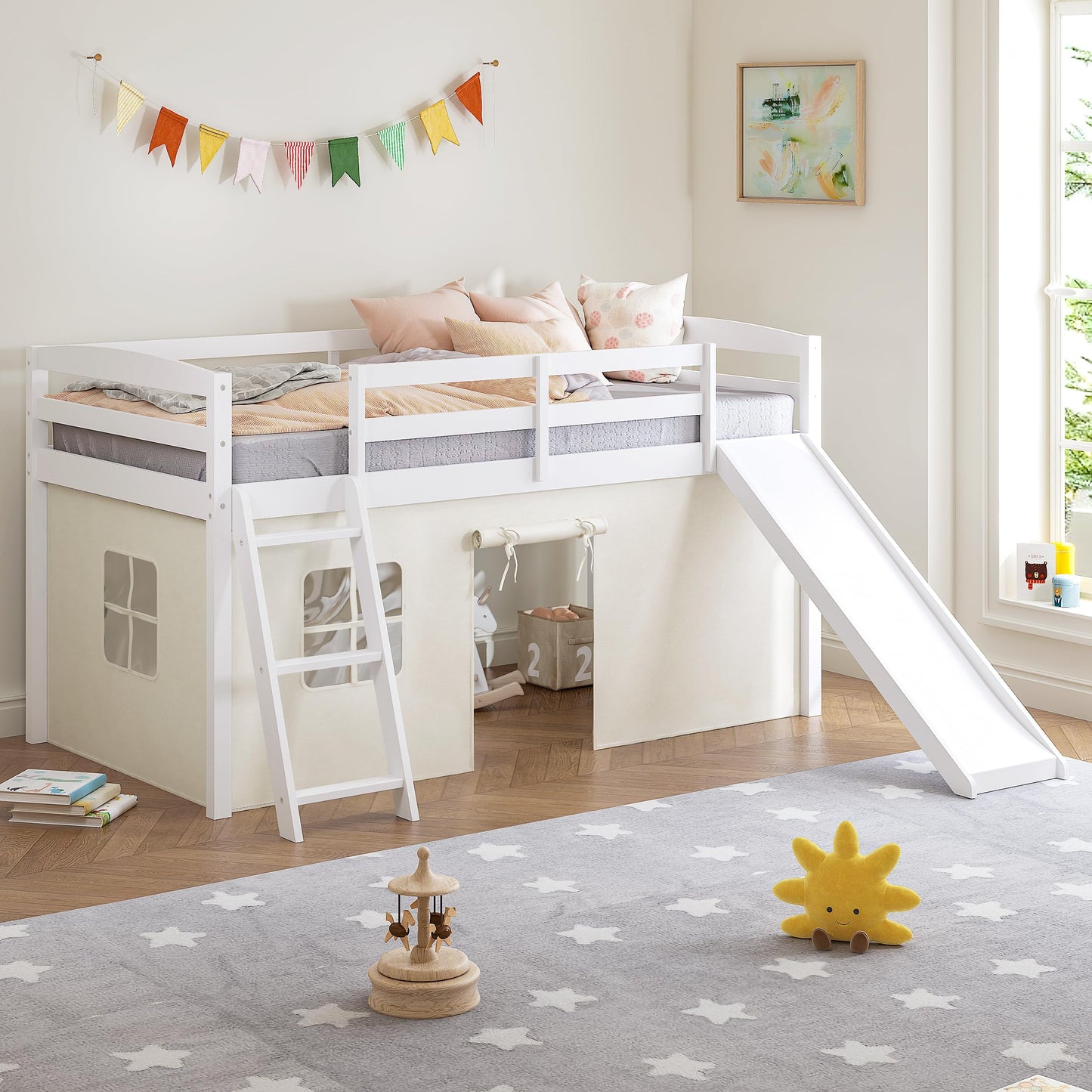 Spirich Kids Loft Bed with Slide and Ladder, Solid Wood Twin Loft Bed Frames with Curtains, Low Loft Bed with Bed Tent, No Box Spring Needed, White
