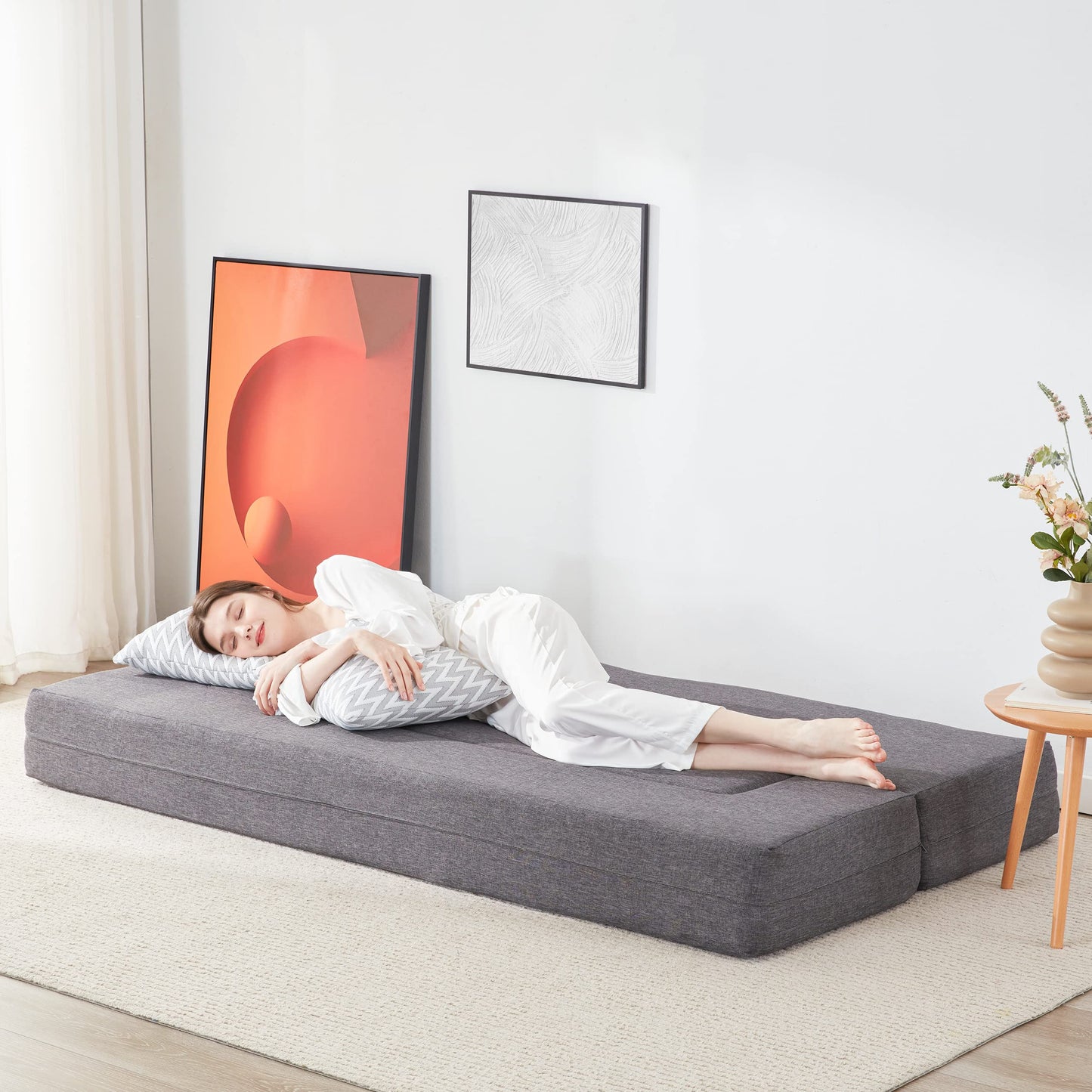 Lazyzizi Floor Sofa Bed, Convertible Sleeper Lounge Couch Folding Mattress with 2 Pillows & Washable Cover for Living Room, Guest, Playroom, Queen