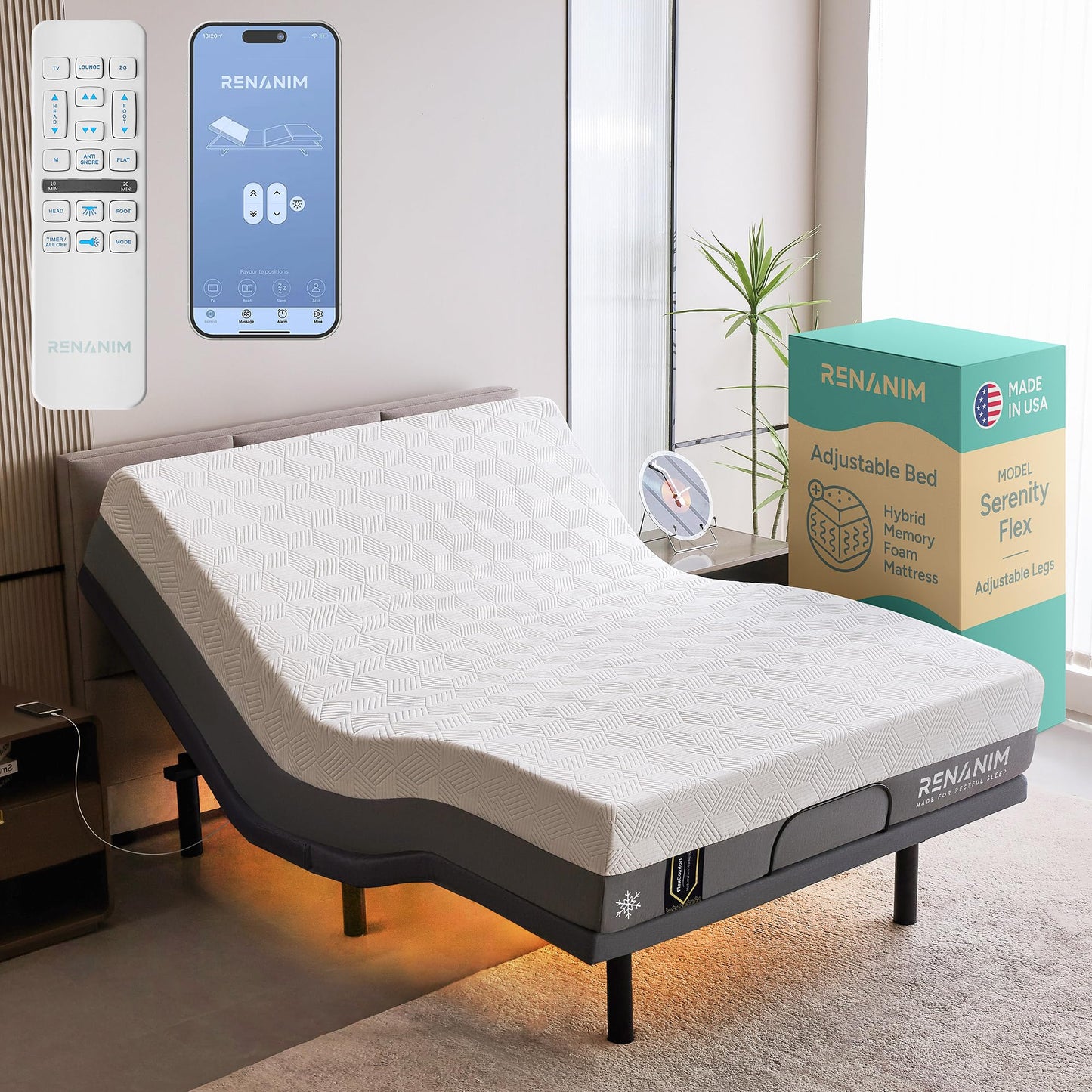 Renanim SF Full Size Adjustable Bed Frame with Mattress - 12" Hybrid Memory Foam - Electric Massage - Wireless Remote for Head & Foot Incline - Zero Gravity - Underbed Night Lights & 4 USB Ports