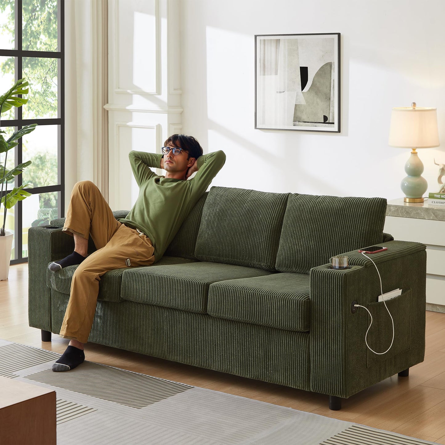 Eafurn 81" Convertible Loveseat Sofa Pull Out Couch with Queen Size Mattress Mattress Bed, 2 in 1 Corduroy Sleeper Sofa Couch Bed w/Cup Holders,Hidden Arm Storage Box,USB Ports