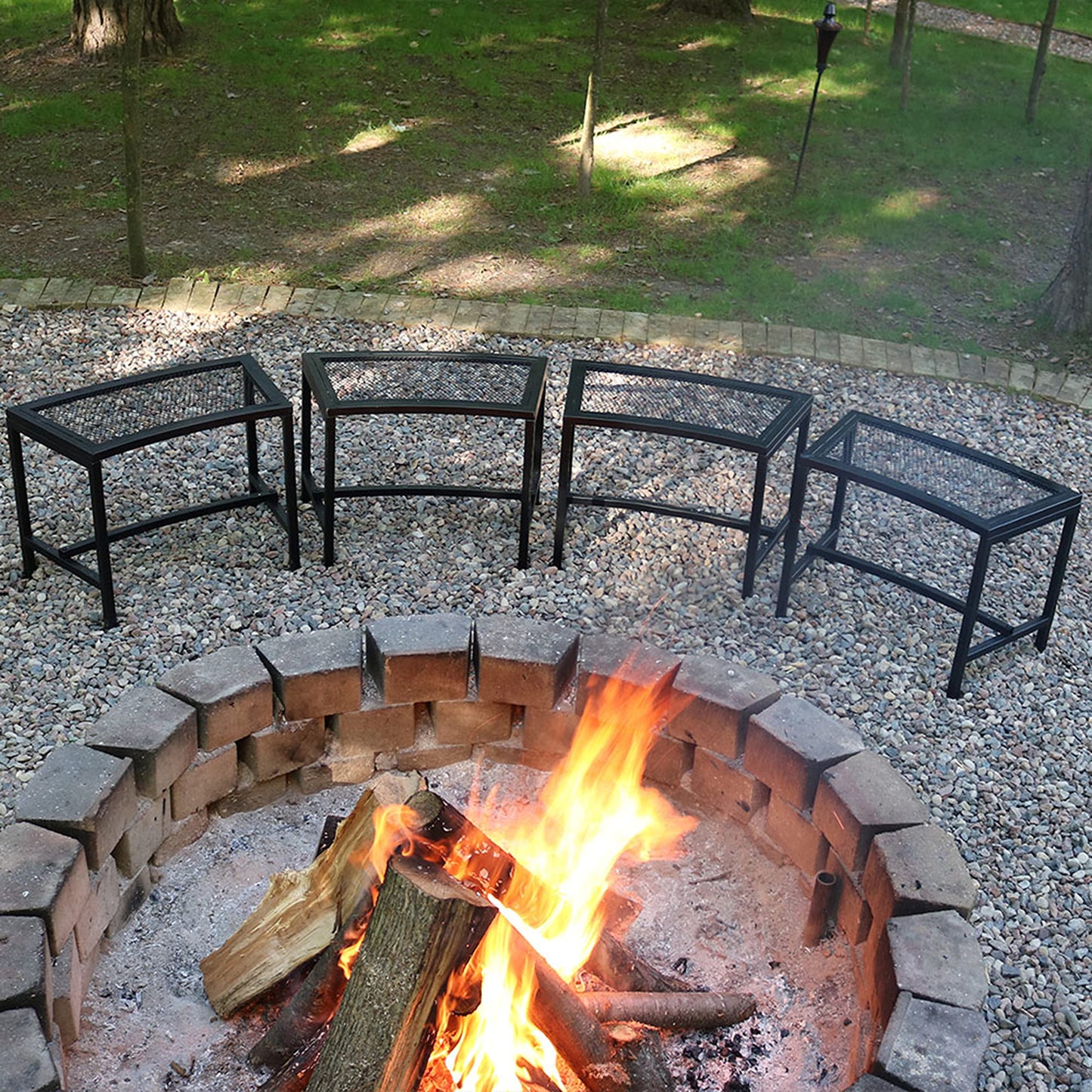 Sunnydaze Mesh Outdoor Curved Bench - Metal Patio Bench Set - Heavy-Duty Outdoor Seats for Backyard or Fire Pit - Black - Set of 4