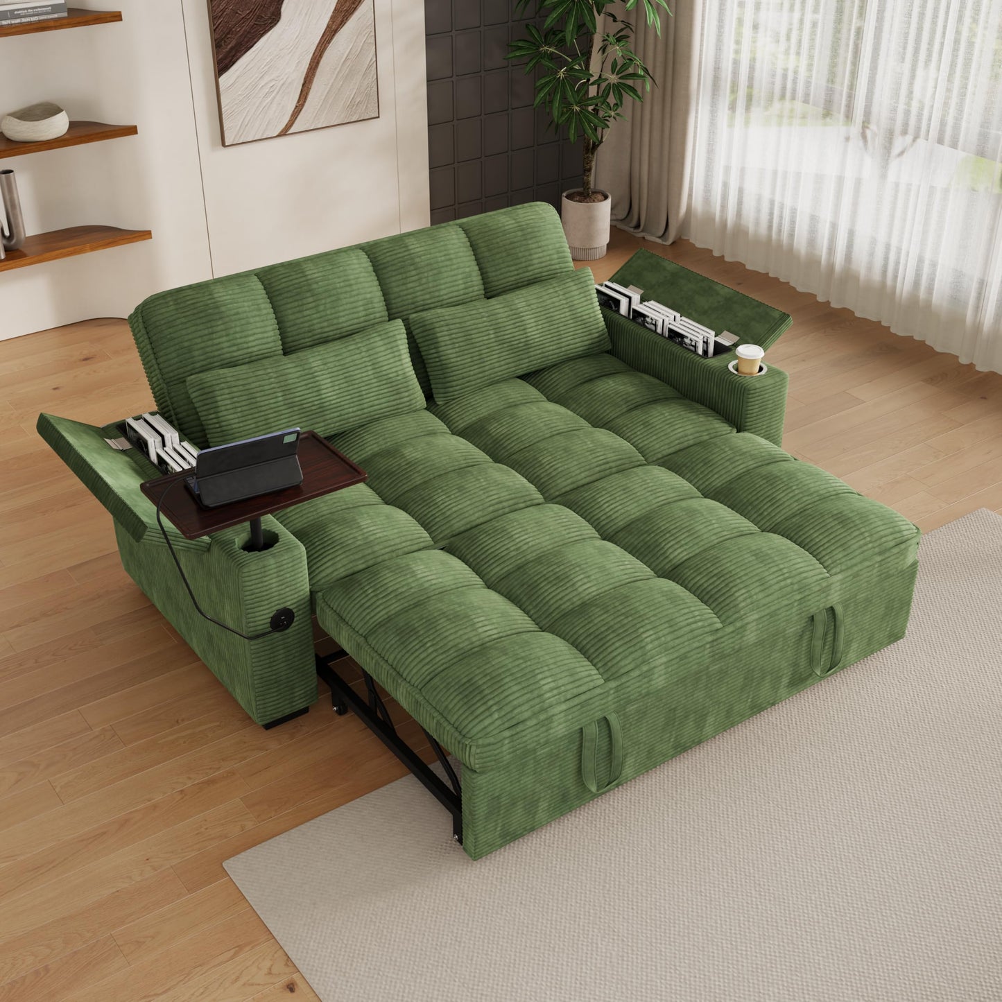 KEIKI 65" 3-in-1 Pull-Out Sofa Bed, Convertible Corduroy Sleeper Couch with Adjustable Backrest, USB Charging Ports & Storage Arms, Compact Futon Sofa for Guest Rooms, Studios & Small Living Spaces