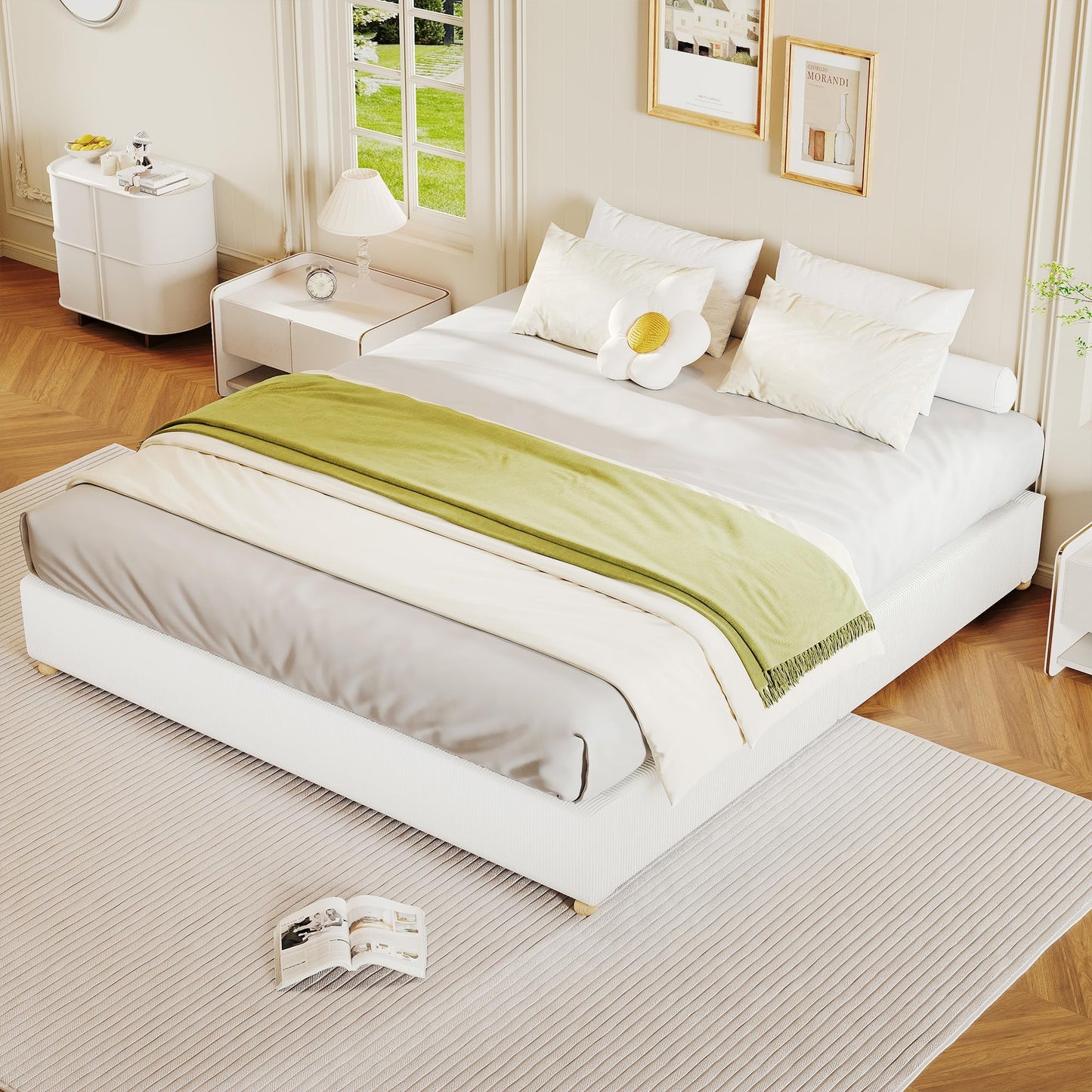 Queen Size Cloud Bed Frame,Upholstered Platform Bed with Solid Wood Legs, Corduroy Low Bed Frame for Bedroom,No Fixed Headboard, No Box Spring Needed,Noise Free, Easy Assembly,White