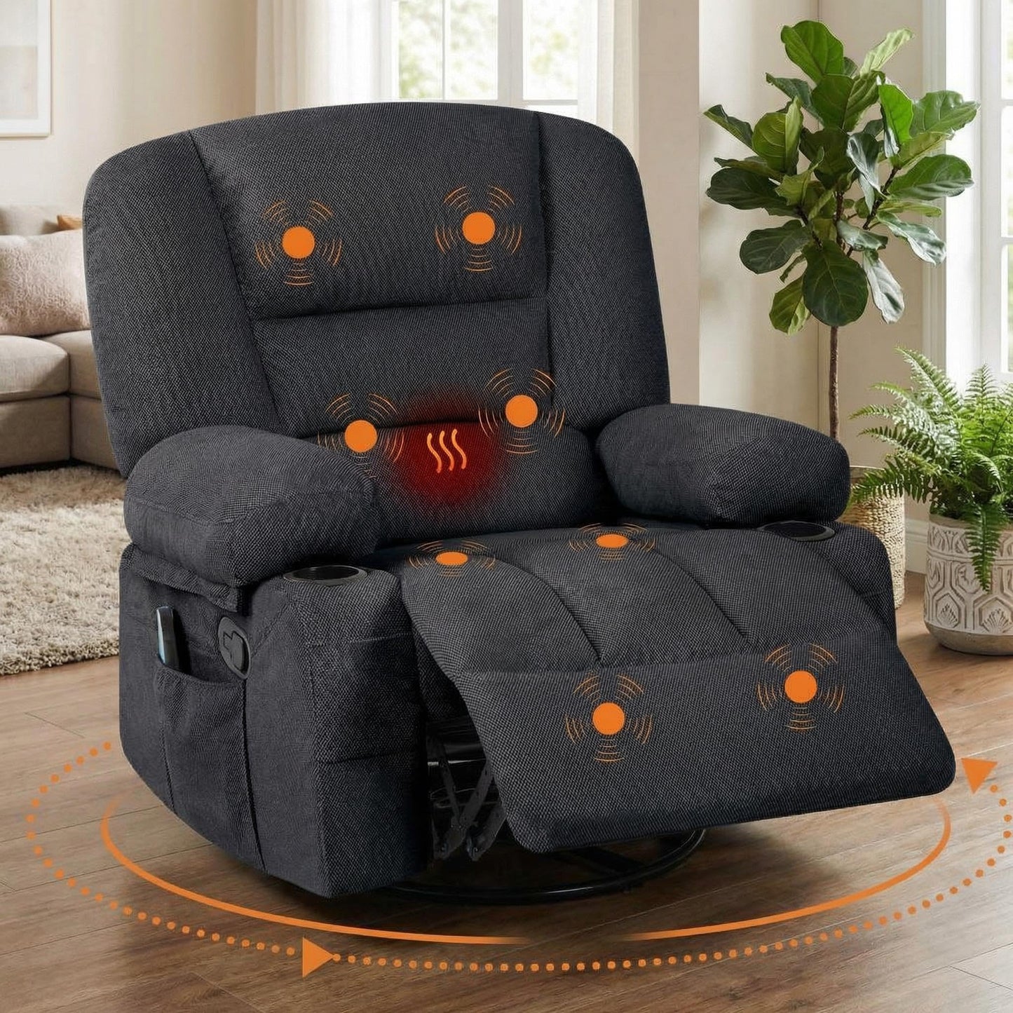Oversized Wide Recliner Chair with Vibration Massage and Heat, 360° Swivel Recliner Glider for Adults,Chenille Fabric Manual Reclining Single Sofa with Cup Holders & Side Pockets for Living Room,Black