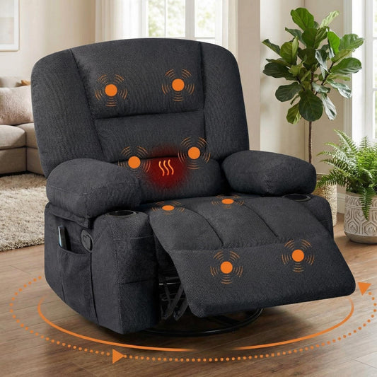 Oversized Wide Recliner Chair with Vibration Massage and Heat, 360° Swivel Recliner Glider for Adults,Chenille Fabric Manual Reclining Single Sofa with Cup Holders & Side Pockets for Living Room,Black