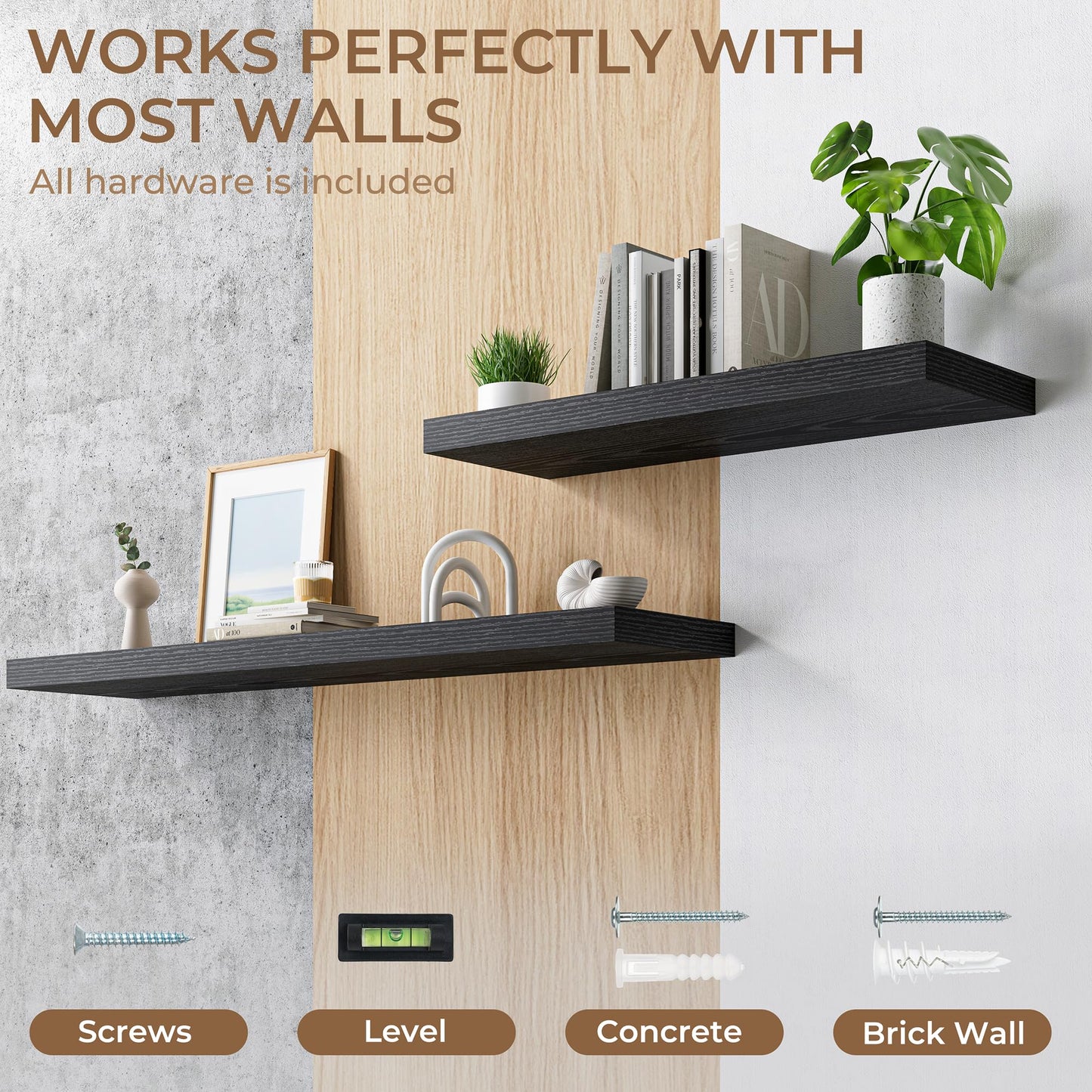 RICHFOCUS 72 Inch 12" D Floating Shelves for Wall 2 Pack Long Wall Shelves for Room Wall|Large Wood Hanging Shelf with Invisible Brackets for Bathroom Bedroom Kitchen Laundry Room, Black