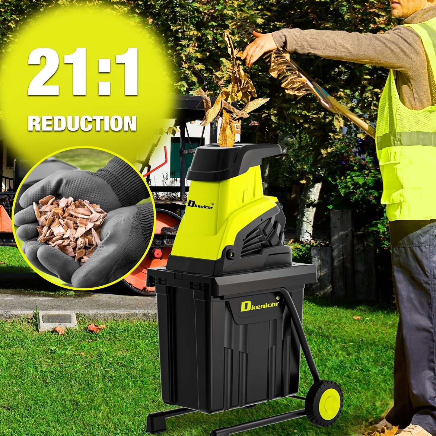 Dkenicor Wood Chipper Shredder,1800W Cutting Diameter of 1.77 inch with 10 Gallon Collection Bin 15-Amp Electric Wood Chipper Shredder for Quick Cleanup Ideal for Branches, Garden Waste, Green