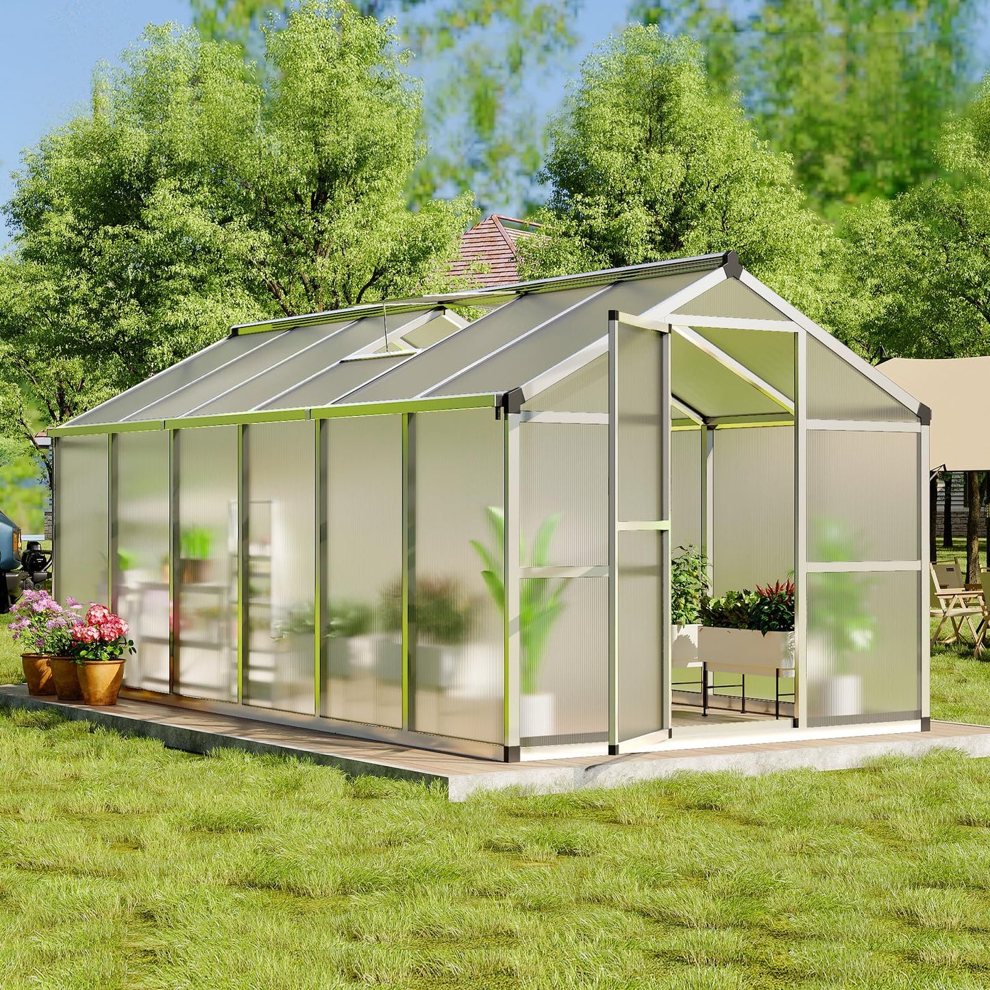 8x12 FT Greenhouse, Greenhouses for Outside, Polycarbonate Greenhouse with Aluminum Frame, Lockable Door and Ajustable Roof Vent for Backyard, Green Houses for Outside Garden Backyard, Patio