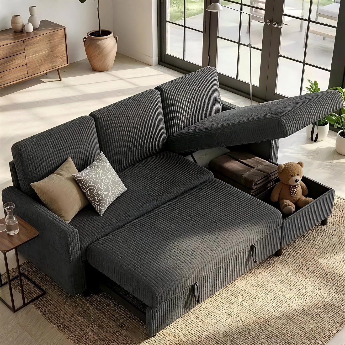 Shintenchi Futon Sofa Bed Convertible Couches L Shaped, 4‑in‑1 Sectional Sleeper Sofa Pull Out Couches for Living Room, Multifunctional Couch with Storage Chaise Corduroy Fabric, Dark Gray