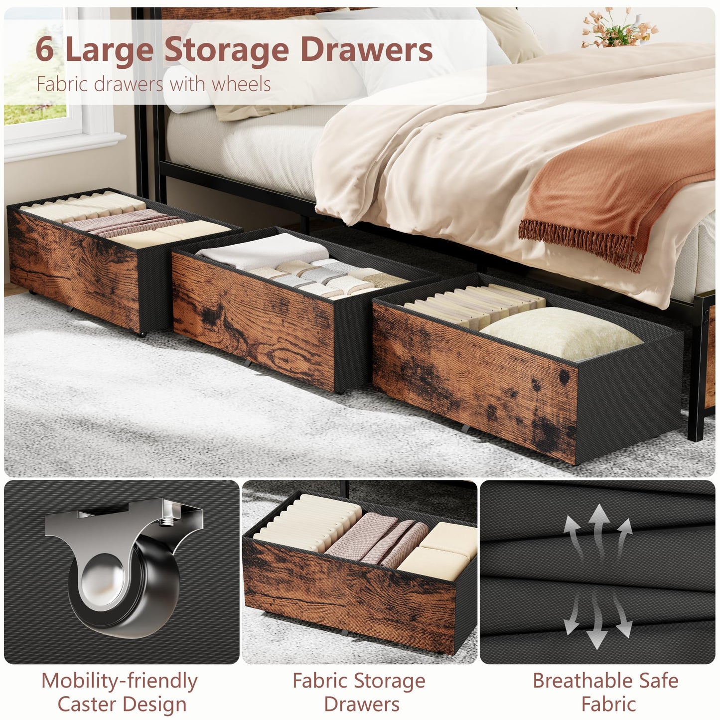 Forestell Full Size Bed Frame with Storage Headboard & 6 Drawers,Sturdy Platform Bed Frame Full with Charging Station,LED Lights,2-Tier Wood Shelf Industrial Bedframe-Noise Free/No Box Spring Needed