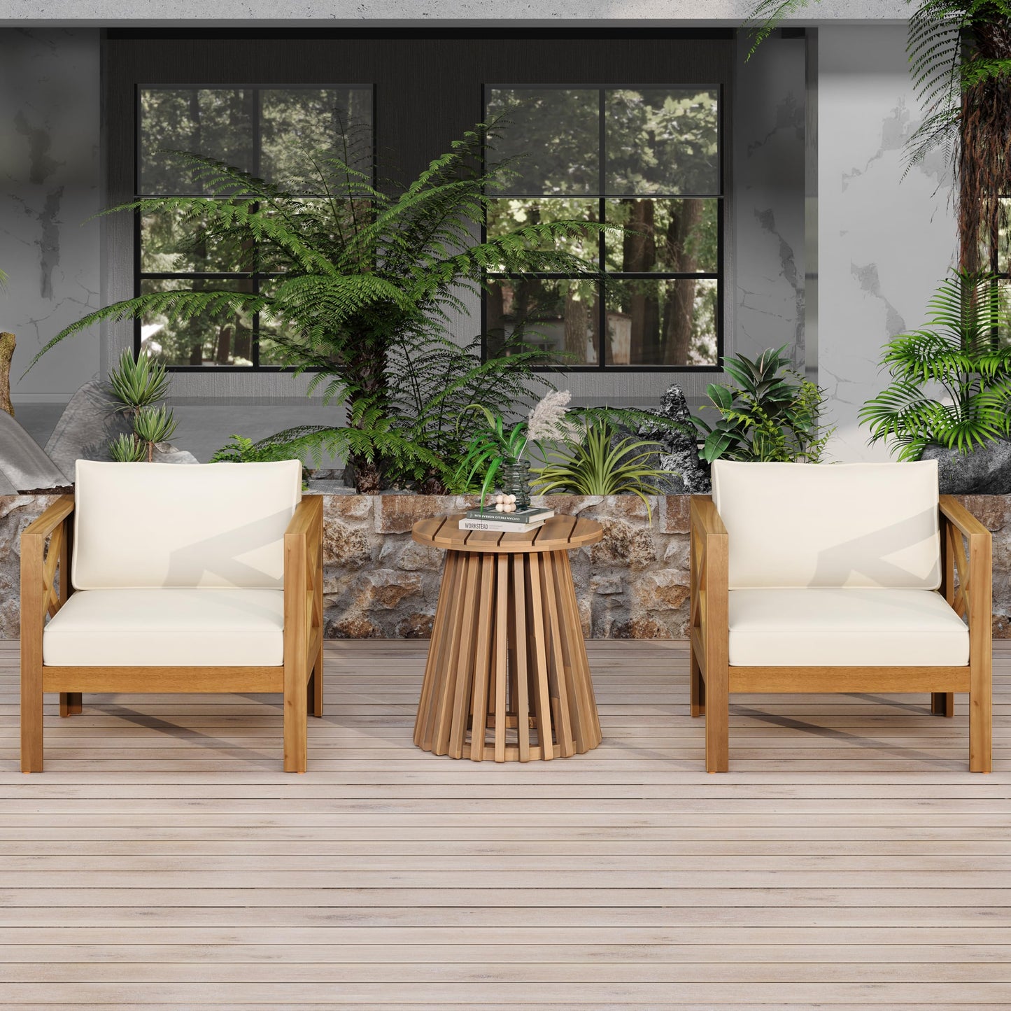 Christopher Knight Home Lucy Acacia Wood Outdoor Patio Furniture Set, 3 Pieces Patio Set, Round Side Table and ArmChairs Conversation Set with Cushion for Garden Lawn Balcony, Beige + Light Teak