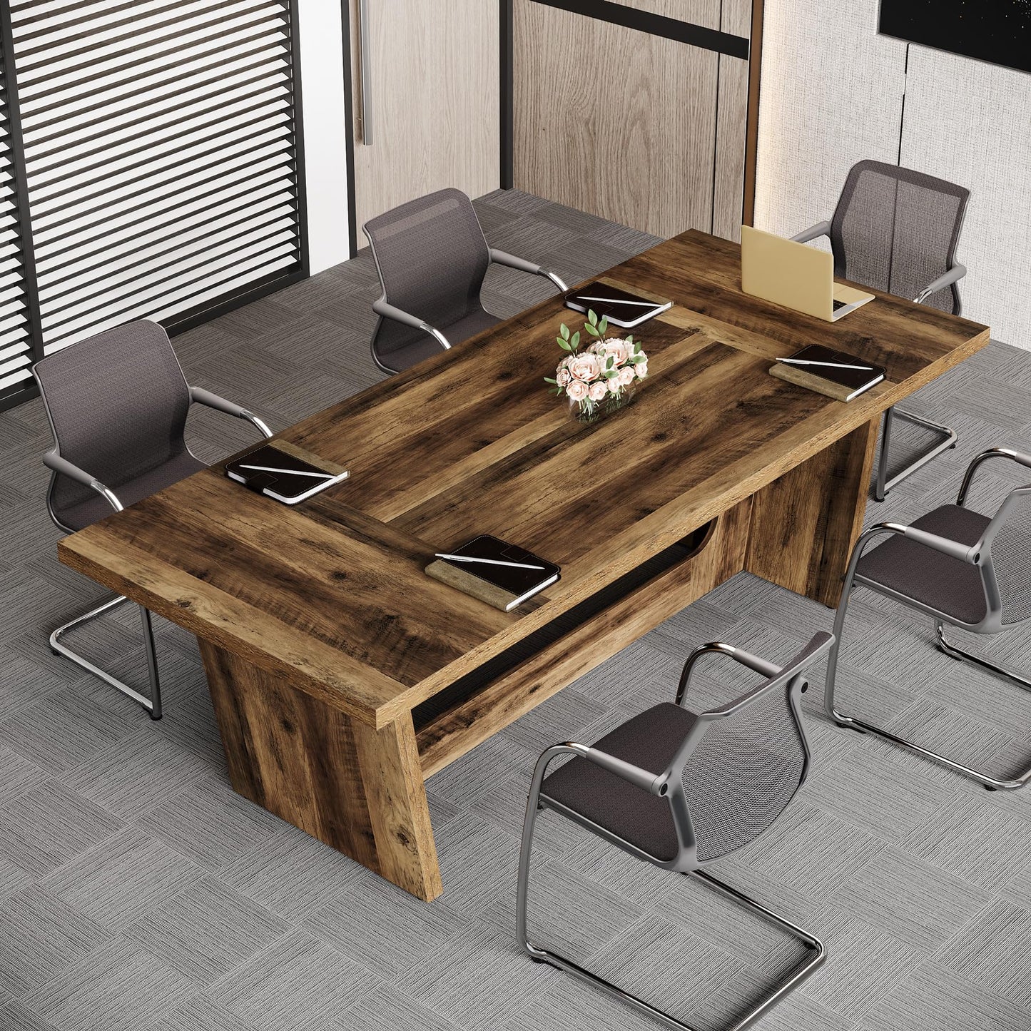 Tribesigns 6 FT Conference Room Table, 71”Large Executive Seminar Desk for 6–8 People, Rectangular Meeting Table for Office, Heavy-Duty Business Boardroom Table with Wooden Pedestal Base, Dark Brown