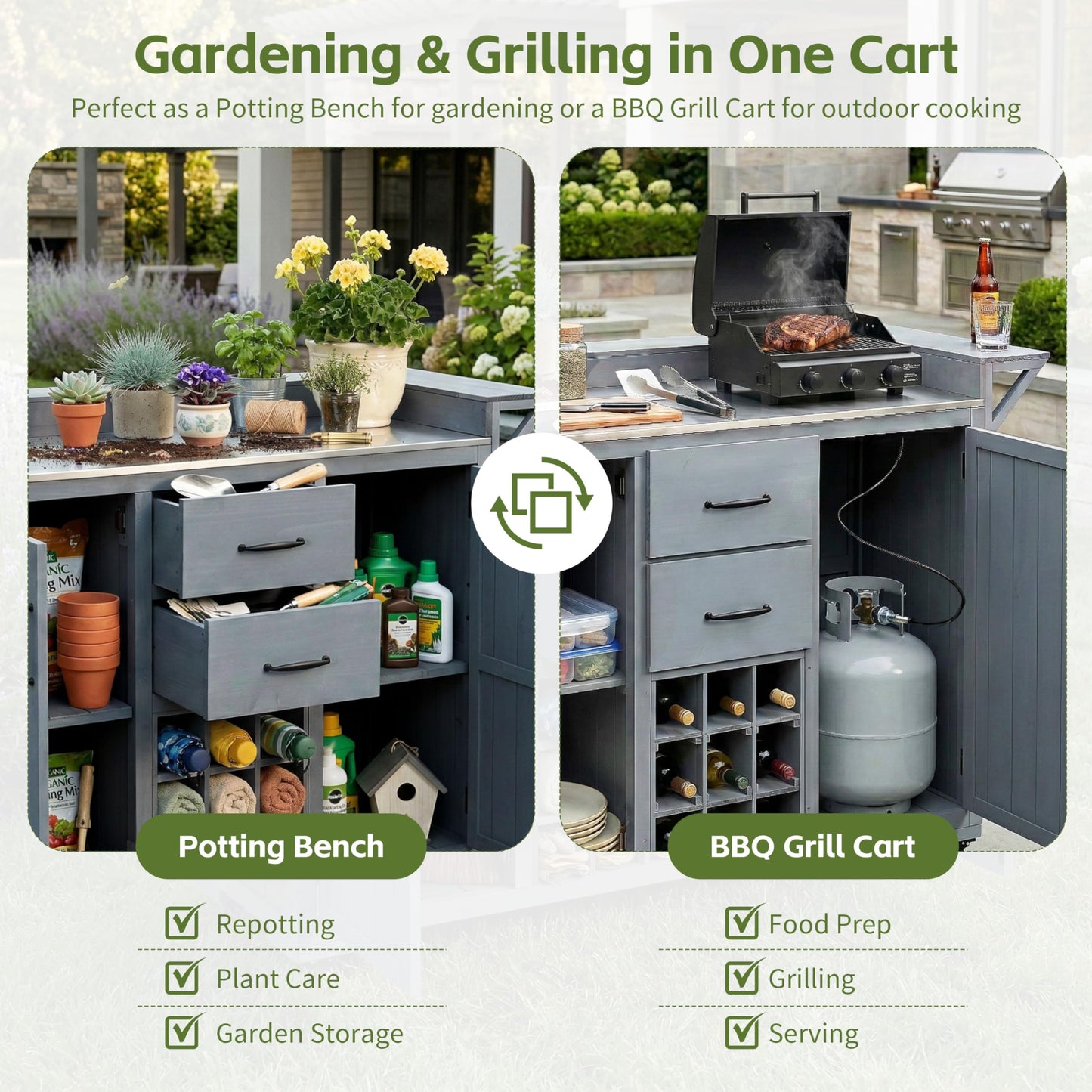 Merax 60.2''W Outdoor Kitchen Island on Wheels with Stainless Steel Top, Wood Rolling Patio Grill Cart with Storage Cabinets, Drawers, Spice Rack & Wine Rack, Outdoor Grill BBQ Prep Table, Gray