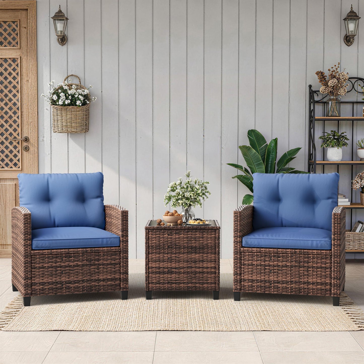 3-Piece Patio Furniture Set, PE Rattan Wicker Outdoor Sofa Set with Washable Cushions & Tempered Glass Tabletop, Conversation Set for Garden, Poolside, Balcony (Brown Wicker & Blue Cushions)