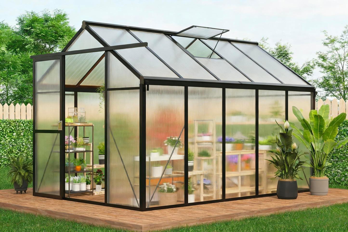 6x10 FT Greenhouse for Outdoors, Polycarbonate Greenhouse with Roof Vent, Ground Nails, Lockable Push Door, Aluminum Large Walk-in Green House for Outside Garden Backyard, Patio, Lawn, Black