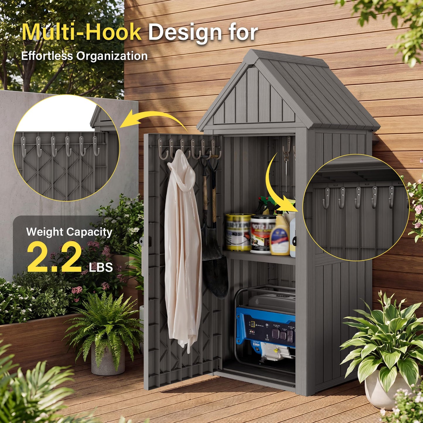 Bifanuo Deck Box Storage Shed Outdoor Storage Cabinet, Vertical Waterproof Resin Material Plastic Shed with Removable Shelves, 12 Hooks and Lock Ring for Garden, Pool and Patio (Classic Grey)