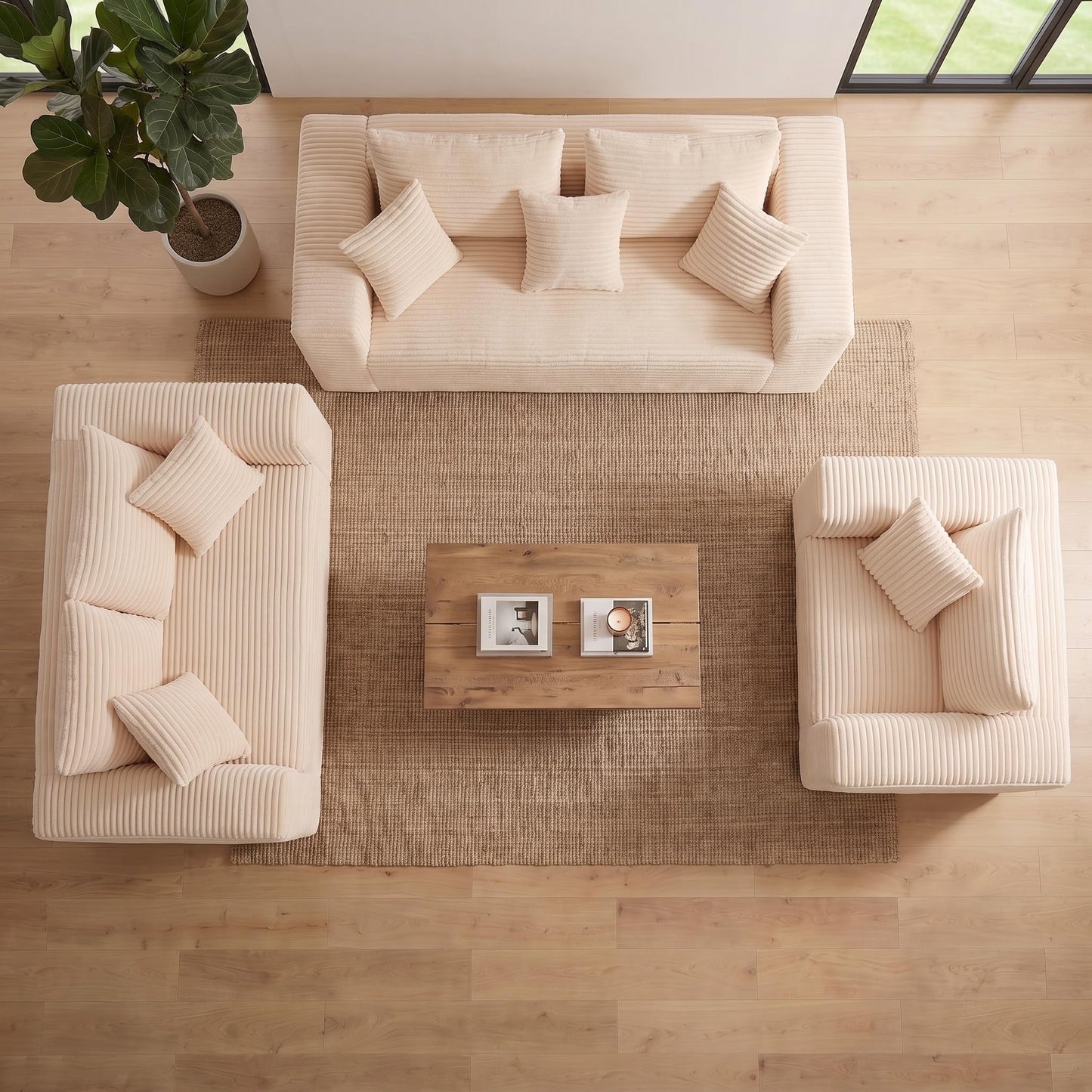 Trygoal 3-Pieces Sectional Boneless Couch Set for Living Room, Oversized Couch Including 3-Seater & 2-Seater & Single Chair, Deep Seat Sofa Set with Armrests & Pillows,No Assembly Required, Beige