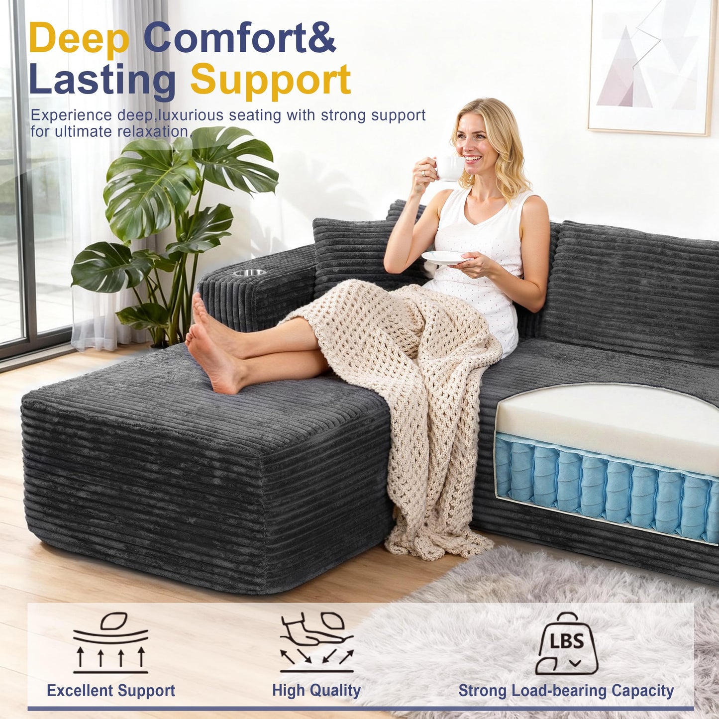 Shintenchi Boneless Couches for Living Room with 2 Cup Holders,L Shaped Modular Sectional Sofa Set,No Assembly Needed Plush Corduroy Living Room Set,Dark Gray