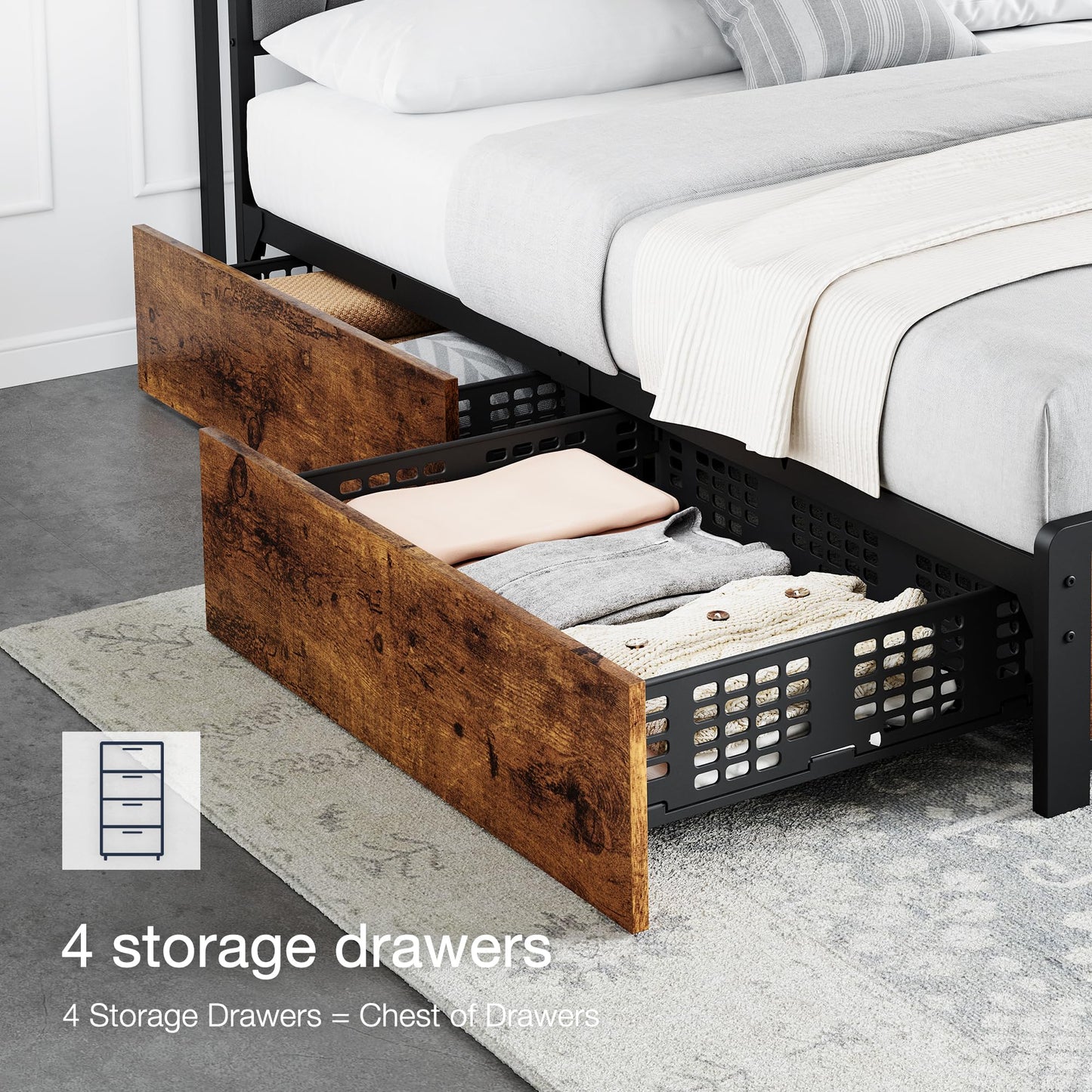 GarveeHome Full Size Bed Frame with Storage Linen Upholstered Headboard, 4 Drawers Platform Bed Frame with Charging Station, No Box Spring Needed, Easy Assembly, Rustic Brown