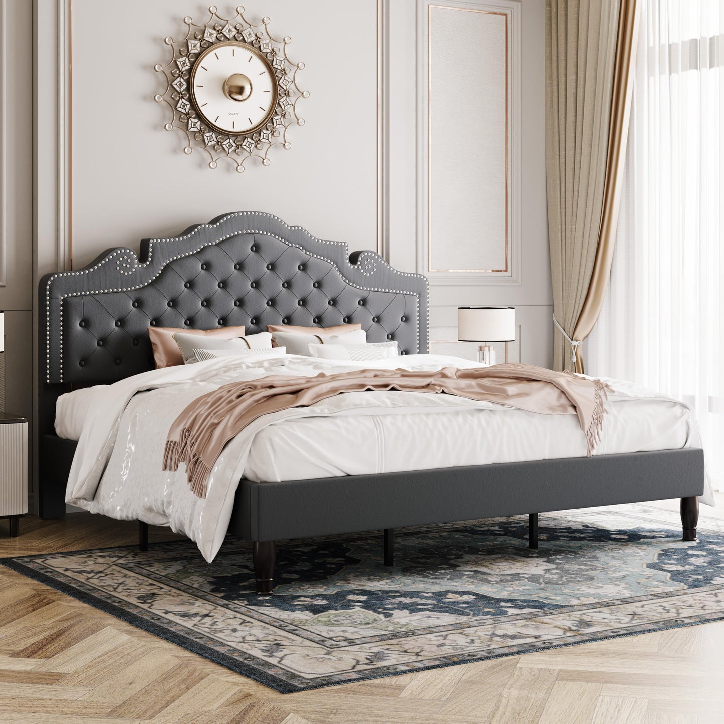 Allewie King Size Bed Frame with Adjustable Velvet Tiara Headboard, Upholstered Diamond Button Tufted Platform Bed, Wood Slats Support, No Box Spring Needed, Light Grey