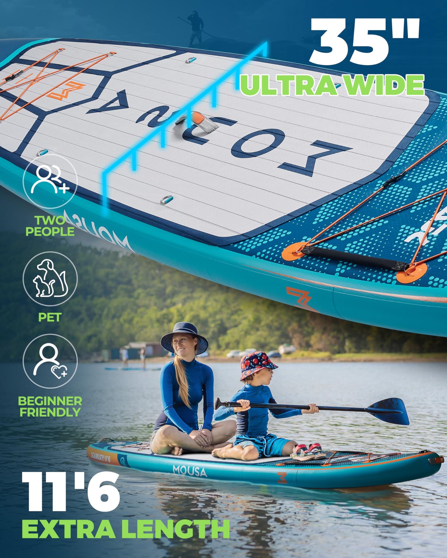 MOUSA 11'6''×35" Extra Wide Inflatable Stand Up Paddle Board, Stable Long SUP for 2 People/Family, Shoulder Strap, 5 Handles, 100L Backpack, All-Round Sup Board, Removeable Big Fin