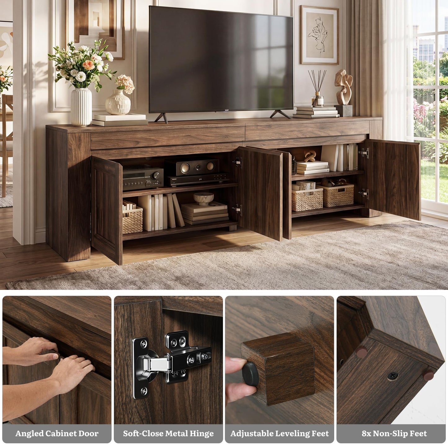YITAHOME 70 inch TV Stand for up to 80 inch TVs, Farmhouse Entertainment Center with Storage Doors and Shelves, Media Console Table with Cable Holes for Living Room, Dark Walnut