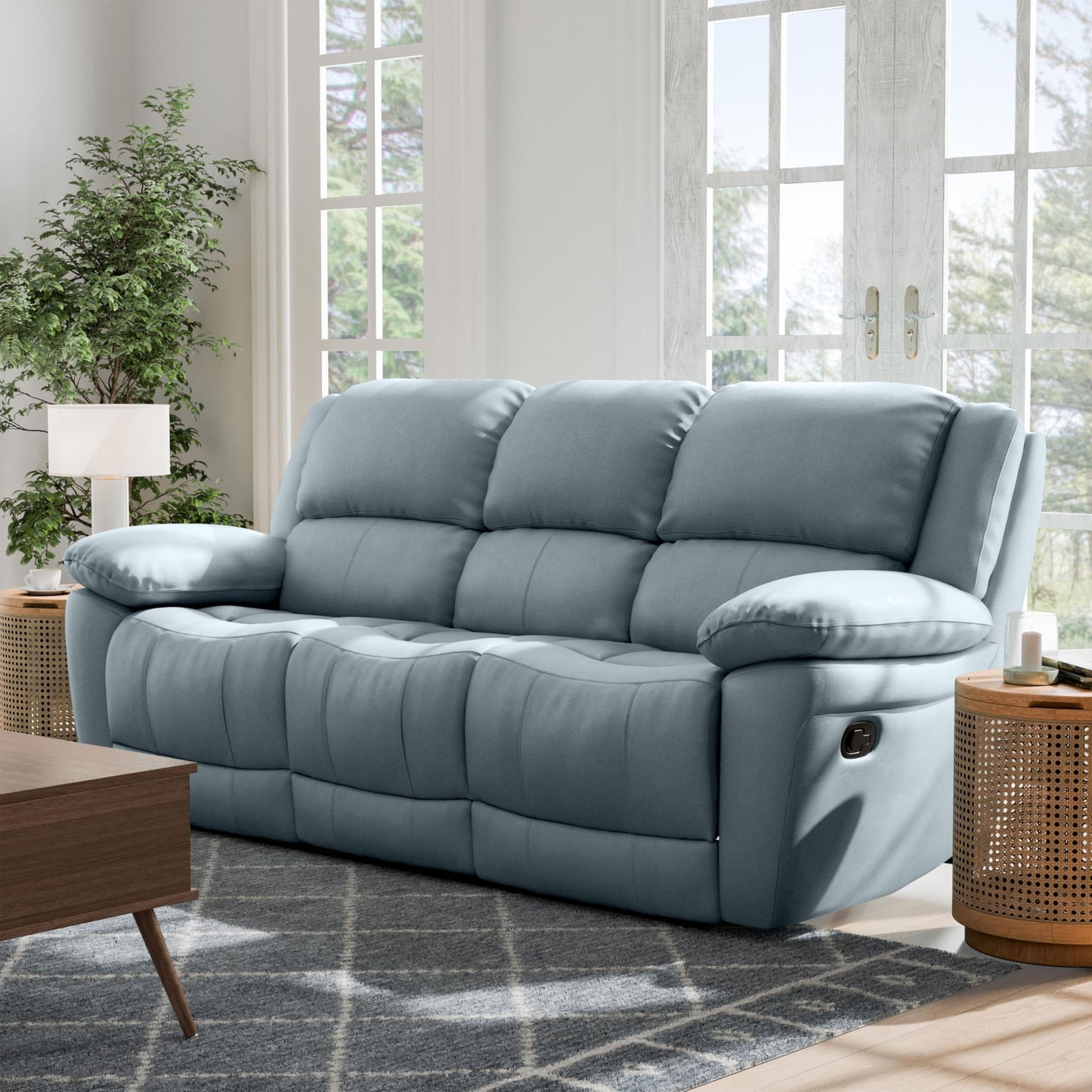 Furniture of America Sorin Modern Leather Recliner Sofa with Pillow Armrests and High Density Foam, Reclining Sectional Couch for Living Room, Office, Home Theater, FSC Certified, Blue