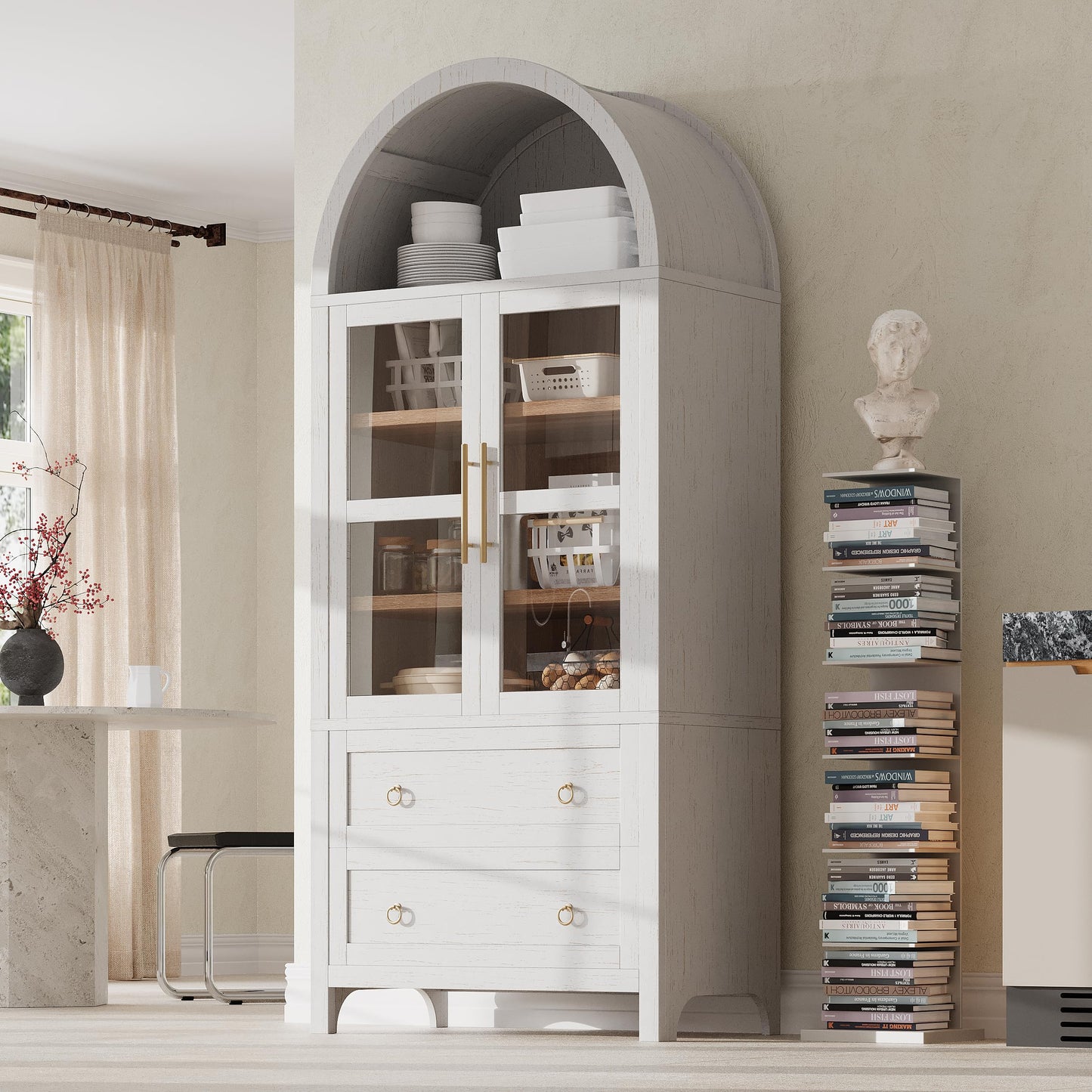 Merax 71" Tall Arched Farmhouse Pantry Cabinet with Glass Doors & 2 Large Drawers - Adjustable Shelves, Modern Kitchen Storage Cupboard for Dining Room, Living Room (30" W x 15.75" D), White