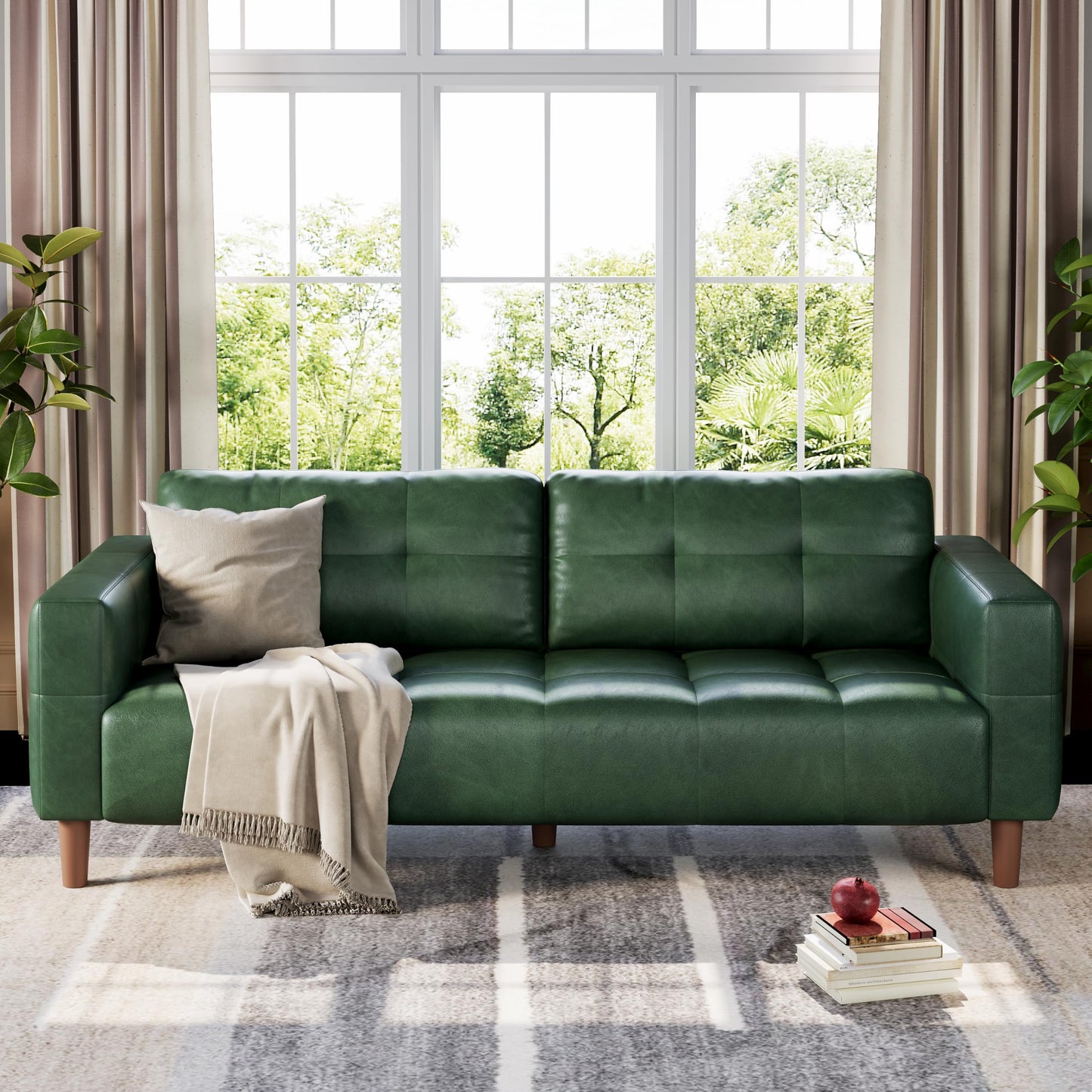 GarveeHome 3-Seater Sofa Couch, 83 in Wide Faux Leather Sofa Couch with Spring Cushion, Modern Sofa with Deep Seats and 2 Removable Back Cushions, for Living Room, Bedroom, Apartment, Office, Green
