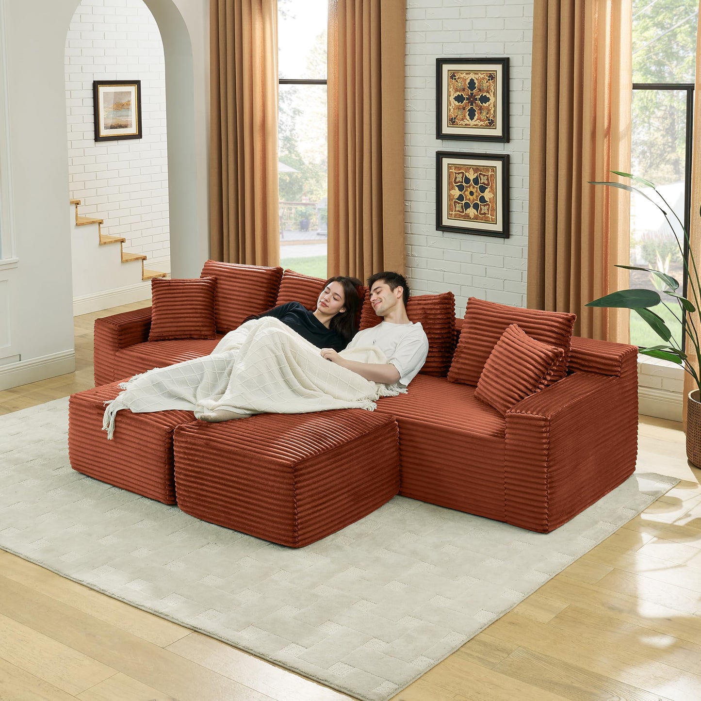 115" U-Shaped Cloud Sectional Couch, Front Facing Modular Compressed Boneless Sectional Sofa with Chaise Lounges, Plush Corduroy Boneless Symmetrical Sofa for Living Room