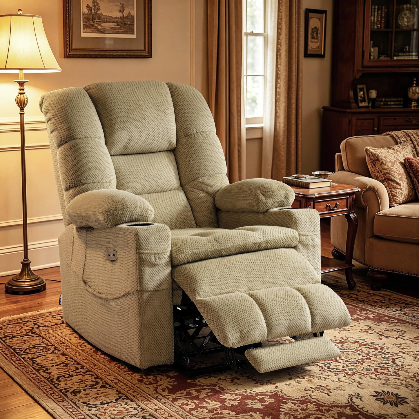 MCombo Triple Motor Lay Flat Power Lift Recliner Chair for Tall Elderly, Infinite Position, Massage, Dual Heating, Adjustable Headrest, Fabric 7634 (Beige, Large)
