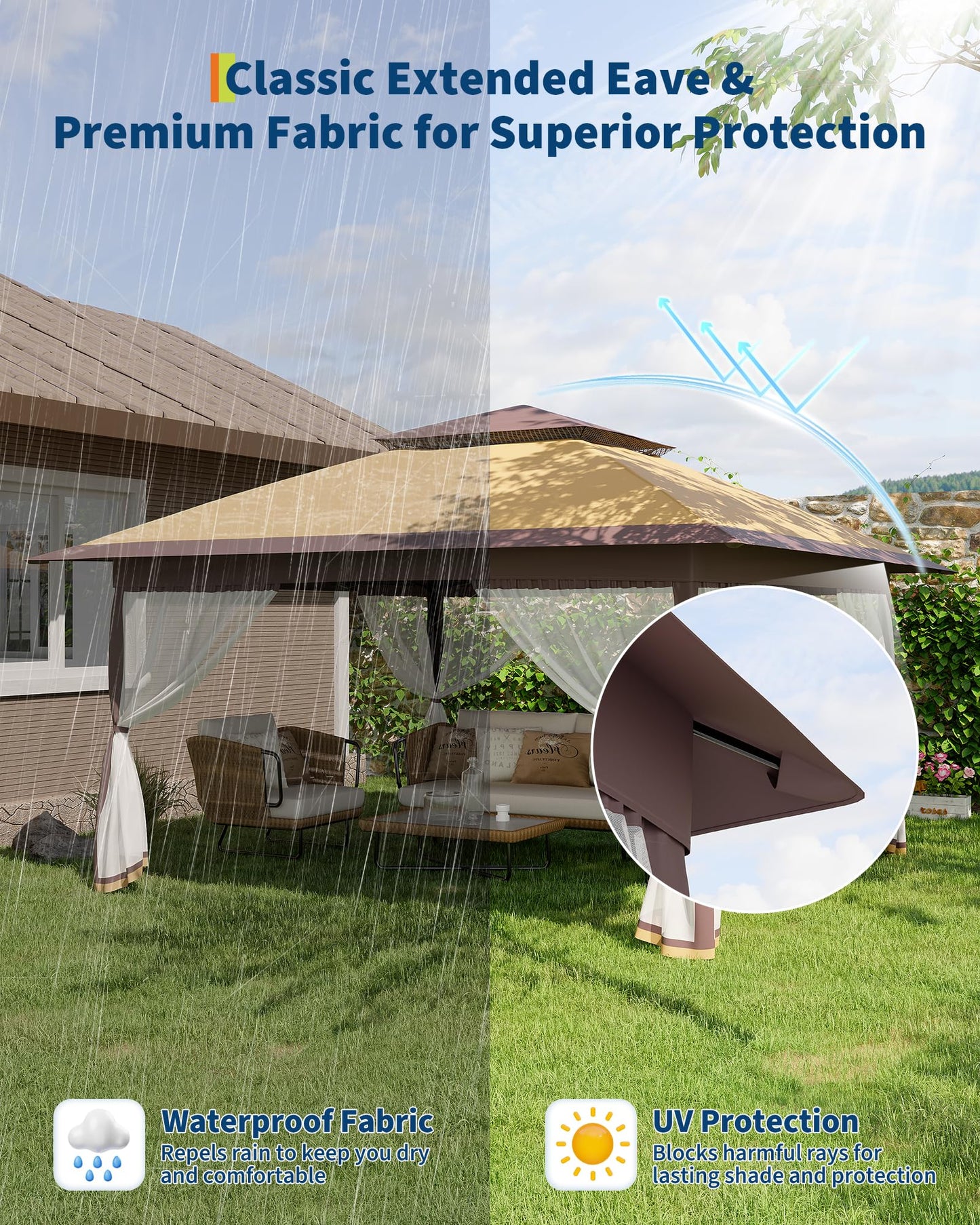 Canopy Tent 12x12 ft, Pop Up Gazebo One-Push Setup with 4 SandBags for Backyard Parties and BBQs, Mosquito Netting & Height Adjustable - Khaki & Coffee