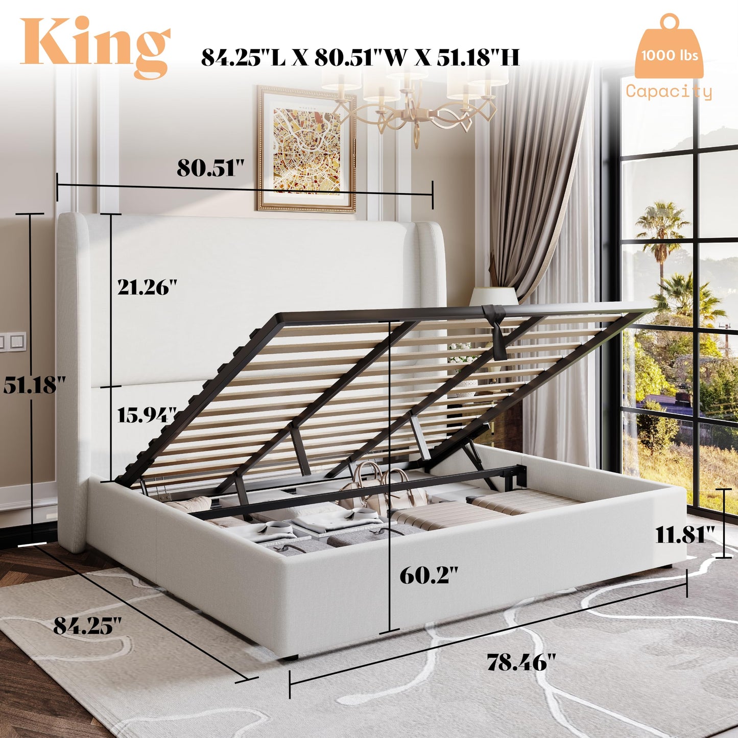 AMERLIFE Lift Up Storage Bed King Size Linen Upholstered Platform Bed Frame, Hydraulic Storage,Modern Wingback Headboard, No Box Spring Needed, White