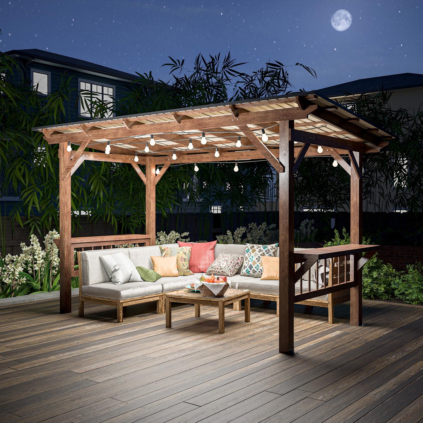 YOPTO 13x6.5 FT Outdoor Wooden Pergola Grill Gazebo with Metal Roof & Bulbs,Waterproof Garden Canopy W/Bar Counters,for Patio,Backyard,Swimming Pool,Brown