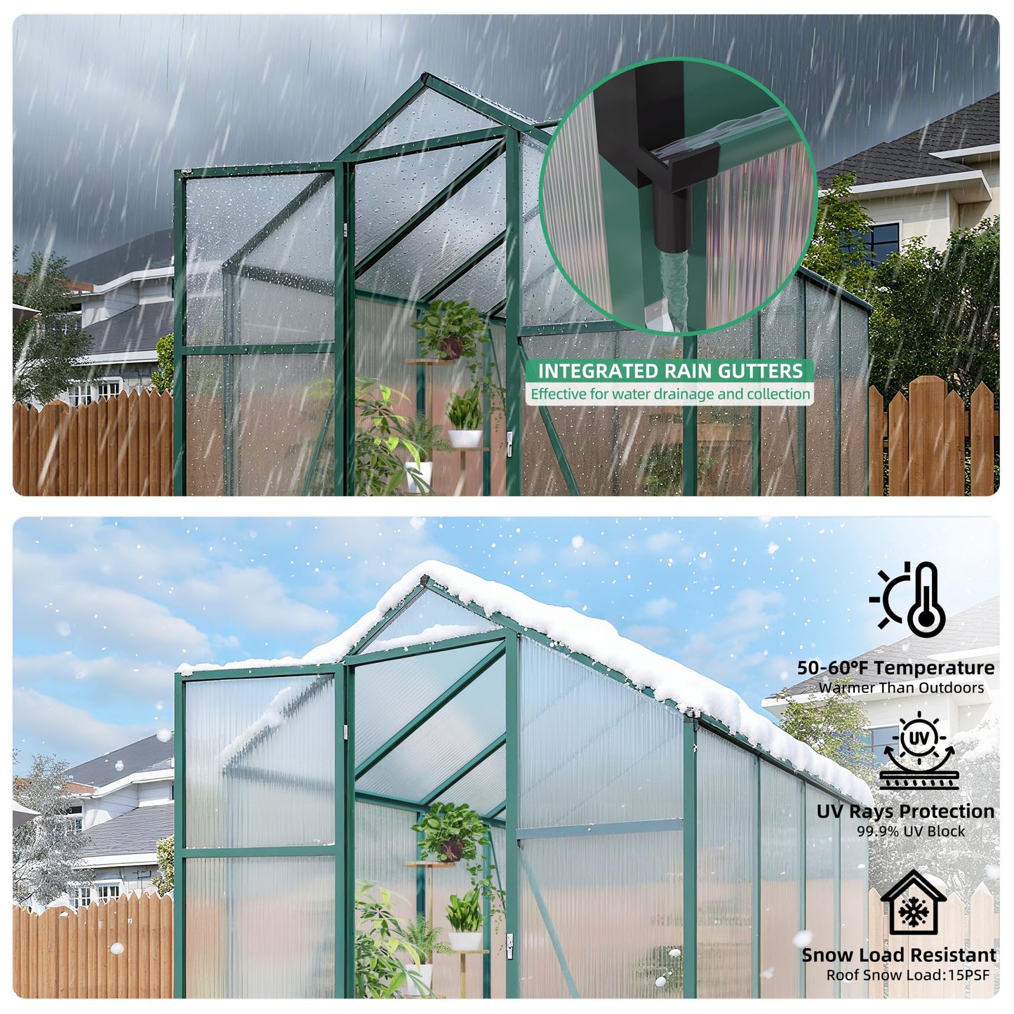 6x10FT Walk-in Polycarbonate Greenhouse Kit, Heavy Duty Aluminum Frame Outdoor Greenhouse with Raised Base, Vent & Drainage System, UV Resistant Plant House for Backyard Garden All Season Use